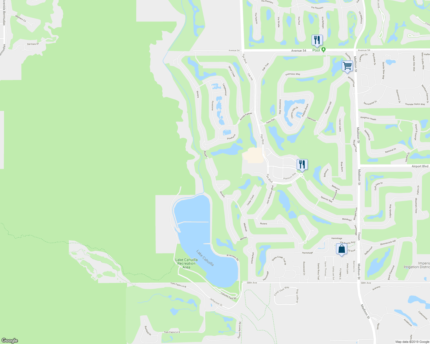 map of restaurants, bars, coffee shops, grocery stores, and more near 56200 Riviera in La Quinta