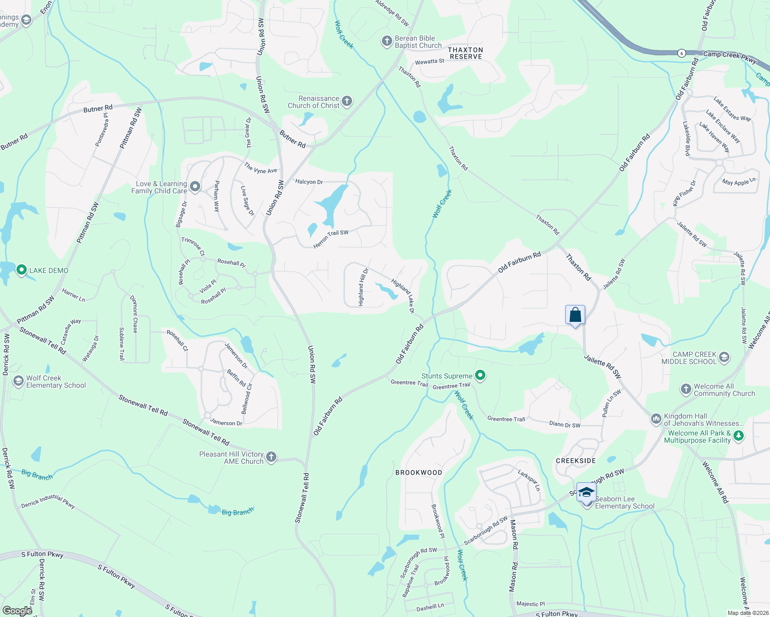 map of restaurants, bars, coffee shops, grocery stores, and more near 5225 Highland Lake Drive in Atlanta