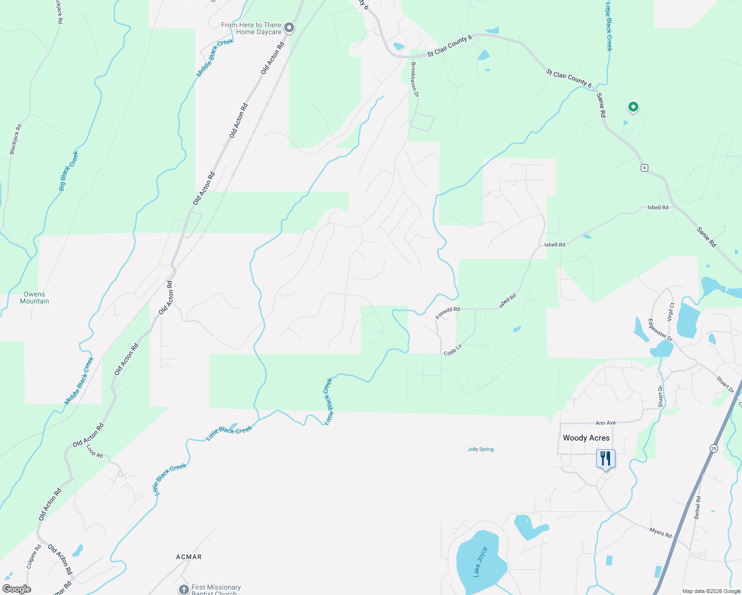 map of restaurants, bars, coffee shops, grocery stores, and more near 240 Madison Lane in Odenville