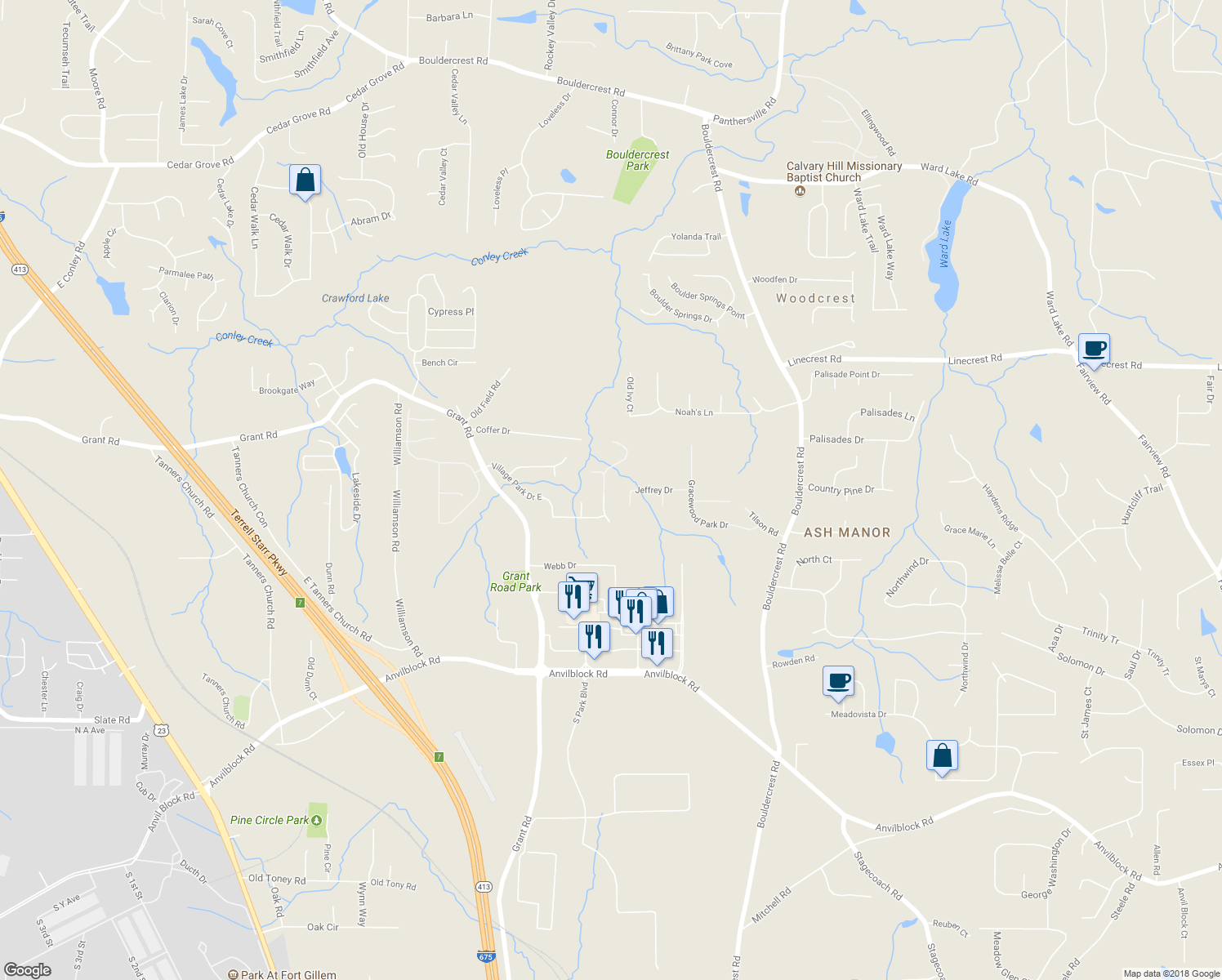 map of restaurants, bars, coffee shops, grocery stores, and more near 4034 Villagewood Lane in Ellenwood