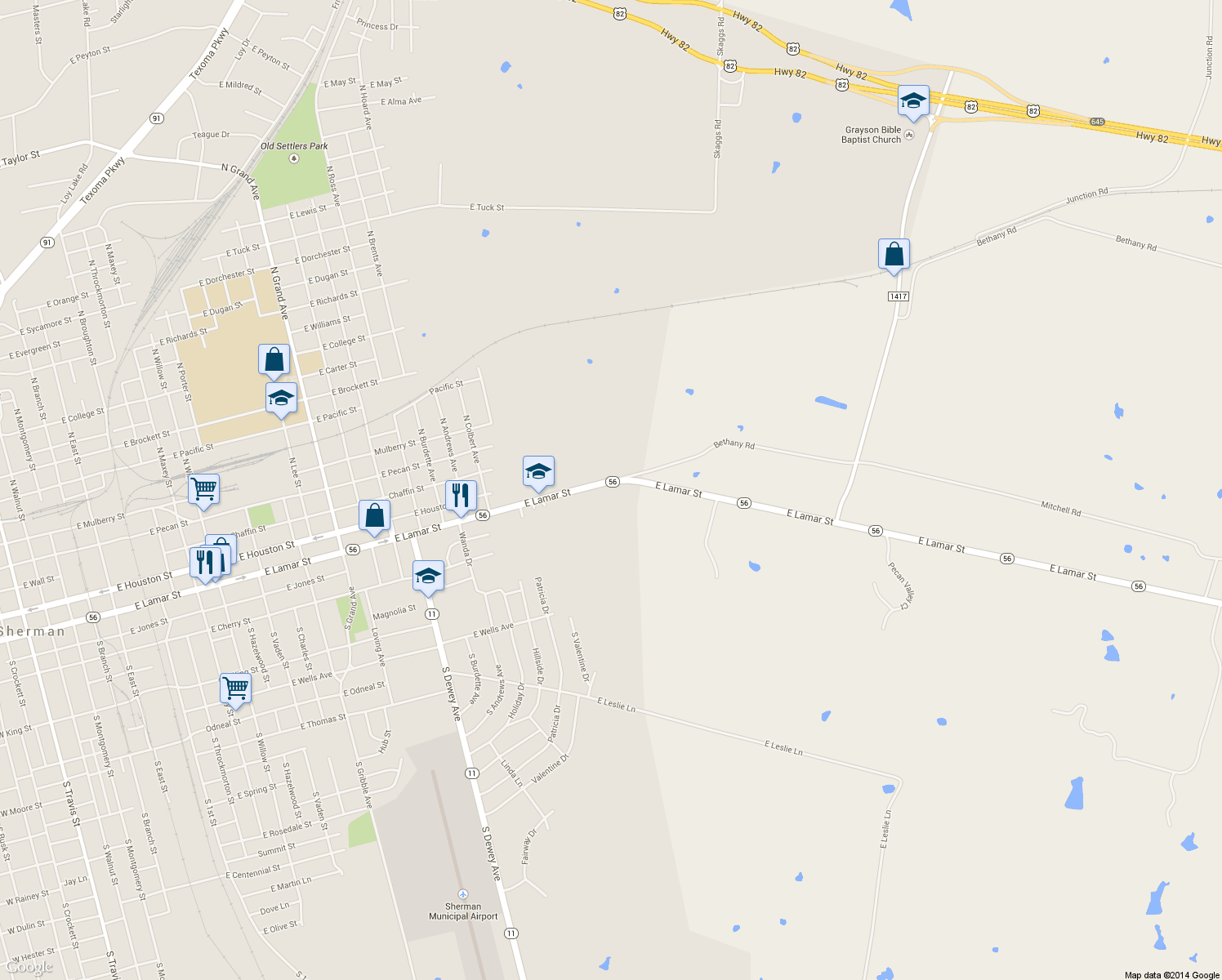 map of restaurants, bars, coffee shops, grocery stores, and more near 2238 E Lamar St in Sherman