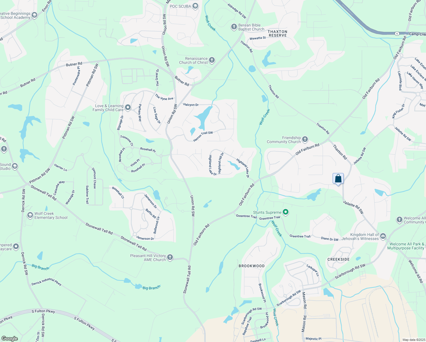 map of restaurants, bars, coffee shops, grocery stores, and more near 5100 Highland Lake Drive in Atlanta