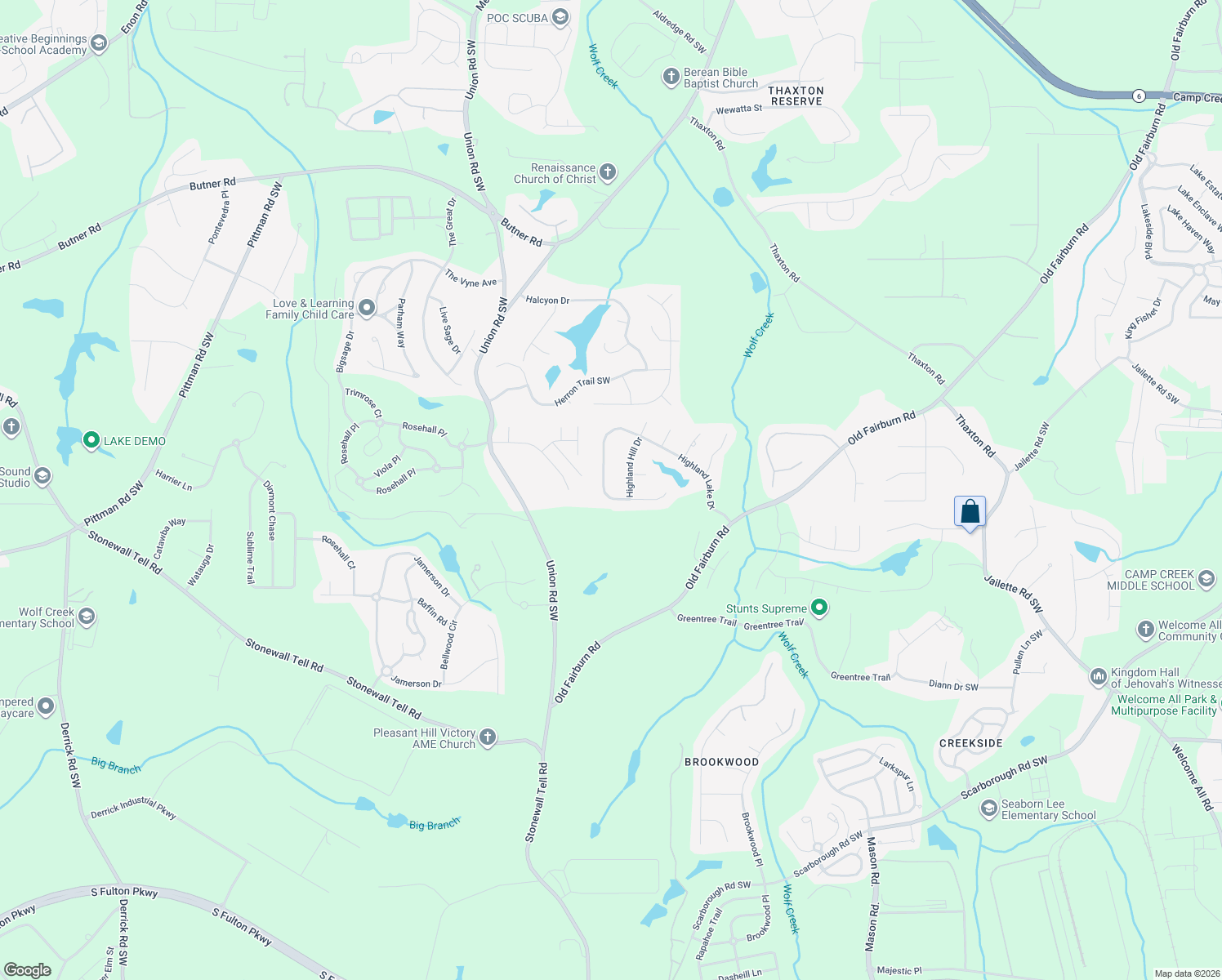 map of restaurants, bars, coffee shops, grocery stores, and more near 5100 Highland Lake Drive in Atlanta