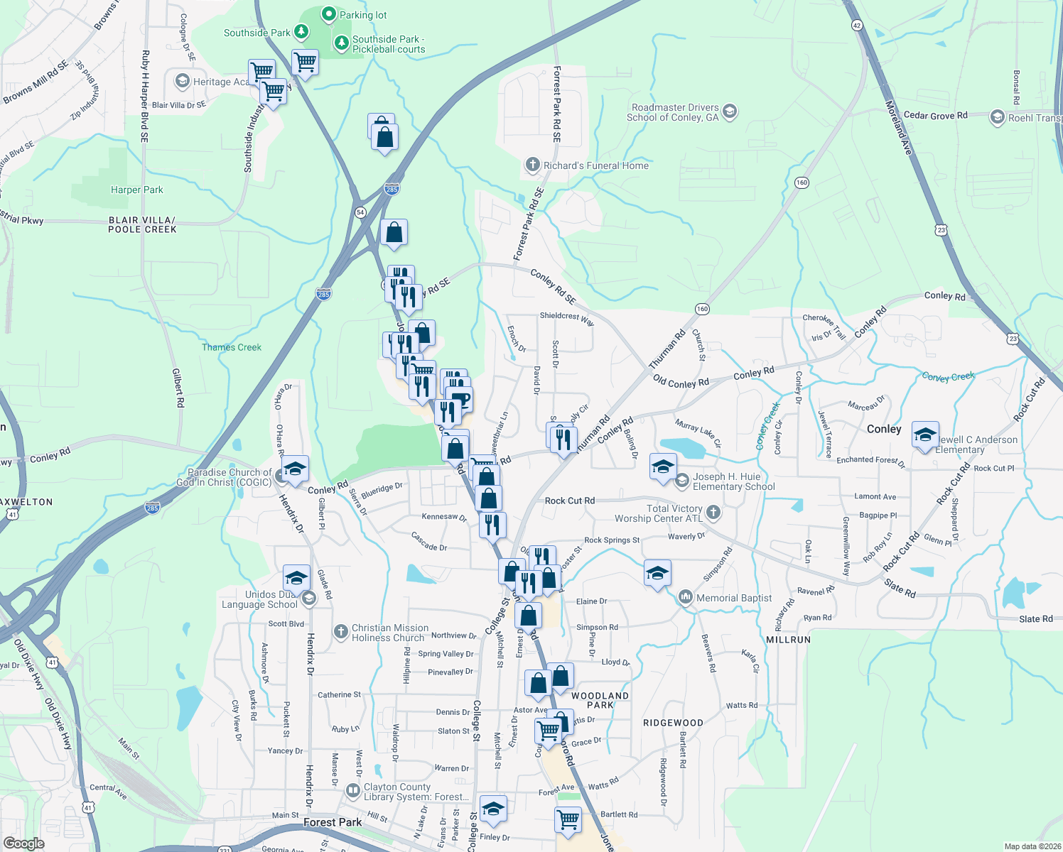 map of restaurants, bars, coffee shops, grocery stores, and more near 4113 David Drive in Forest Park