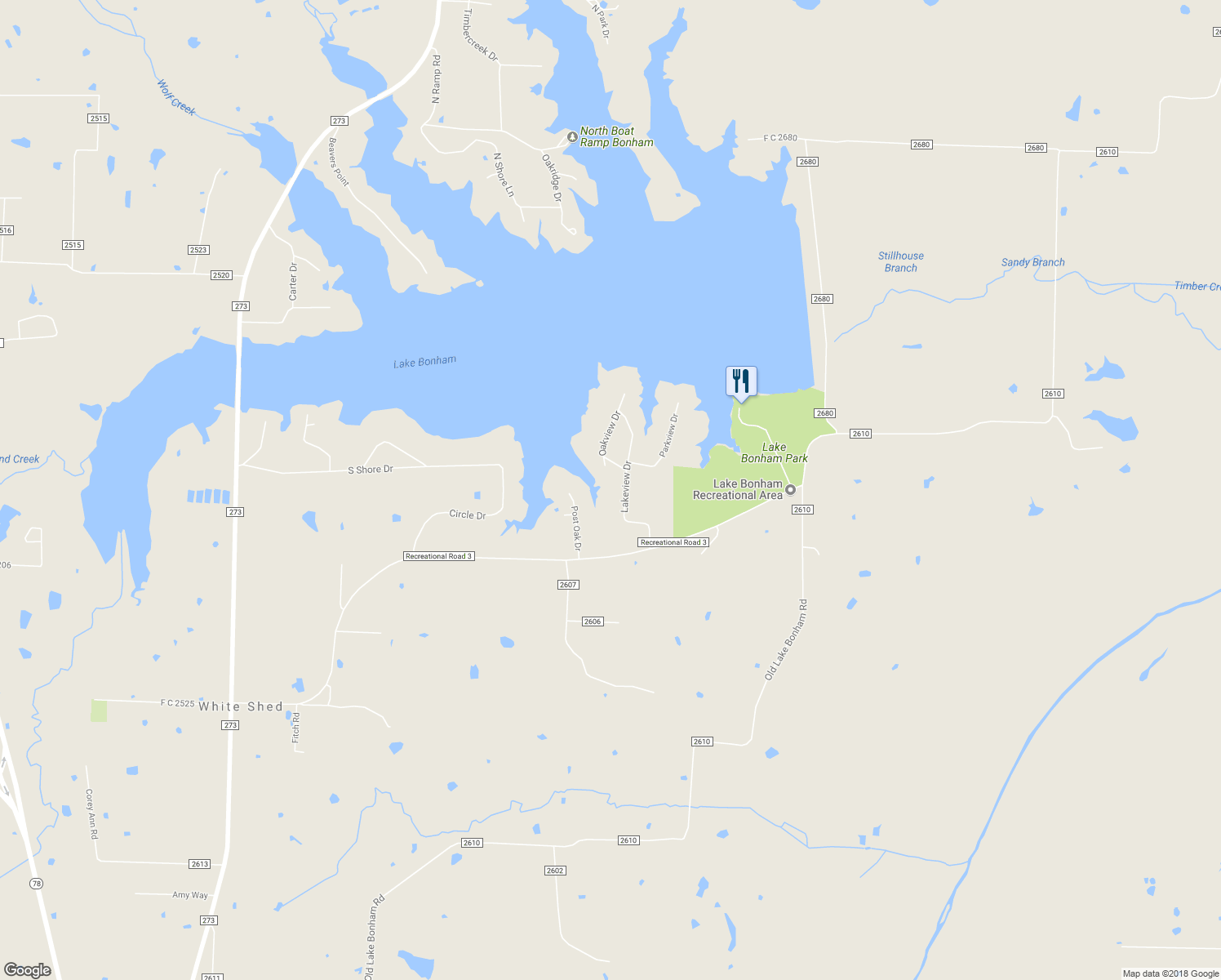 map of restaurants, bars, coffee shops, grocery stores, and more near 6915 Lakeview Drive in Bonham