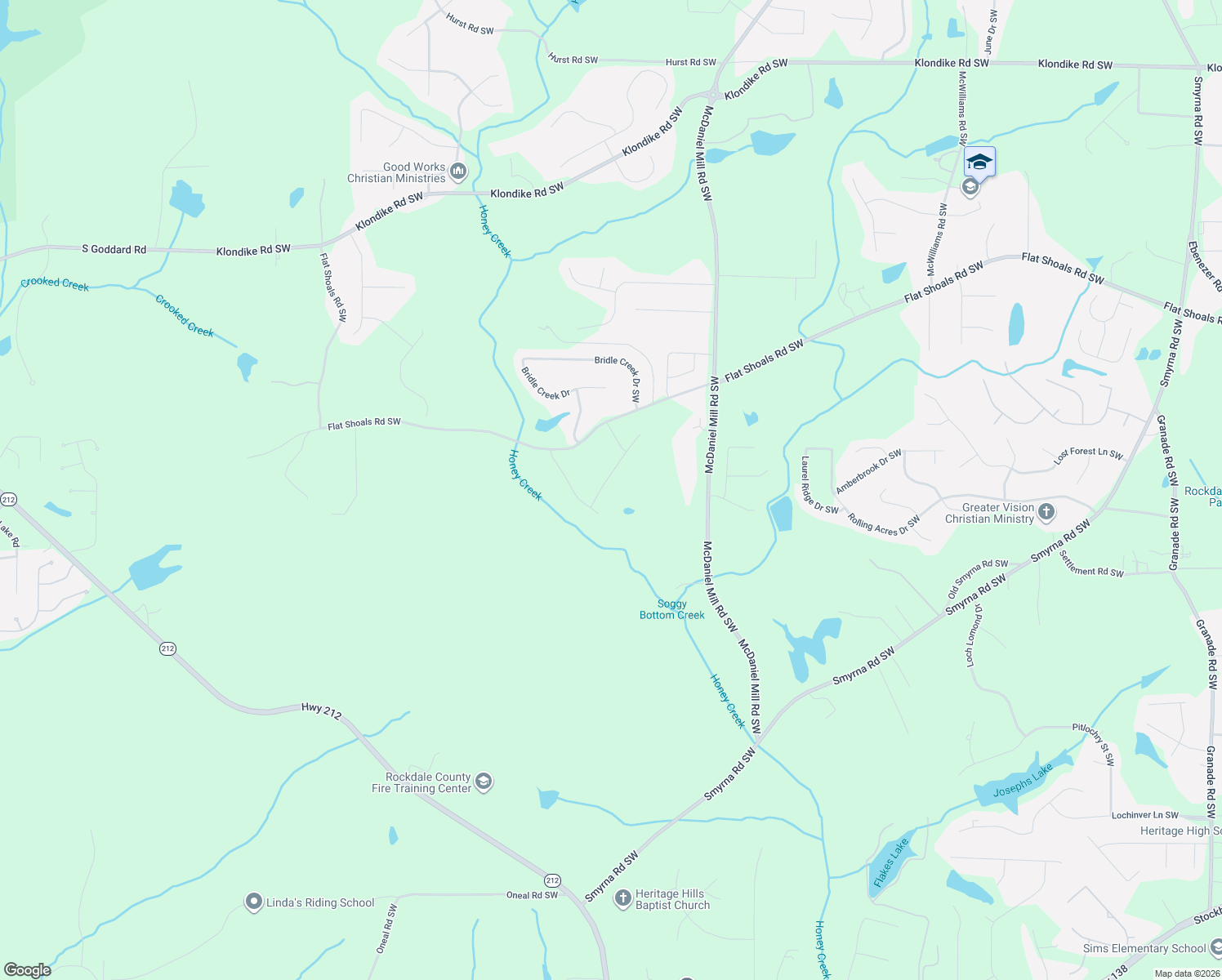 map of restaurants, bars, coffee shops, grocery stores, and more near 2966 Flat Shoals Road Southwest in Conyers