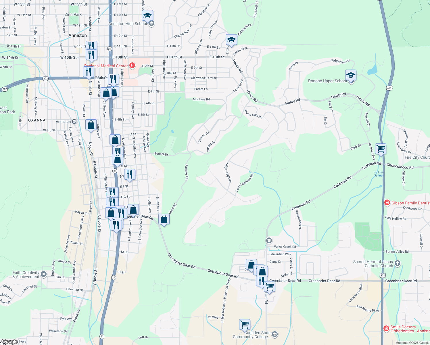 map of restaurants, bars, coffee shops, grocery stores, and more near 608 Hillyer High Road in Anniston