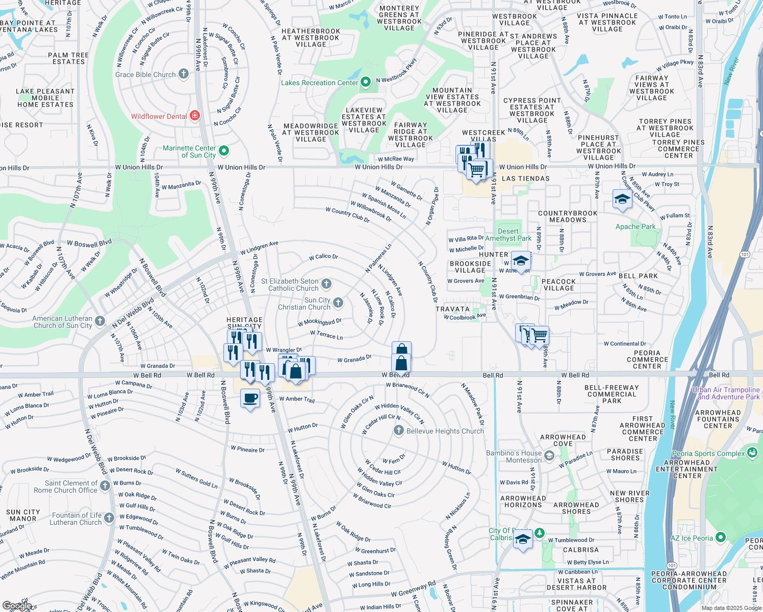 map of restaurants, bars, coffee shops, grocery stores, and more near North Lime Rock Drive in Sun City