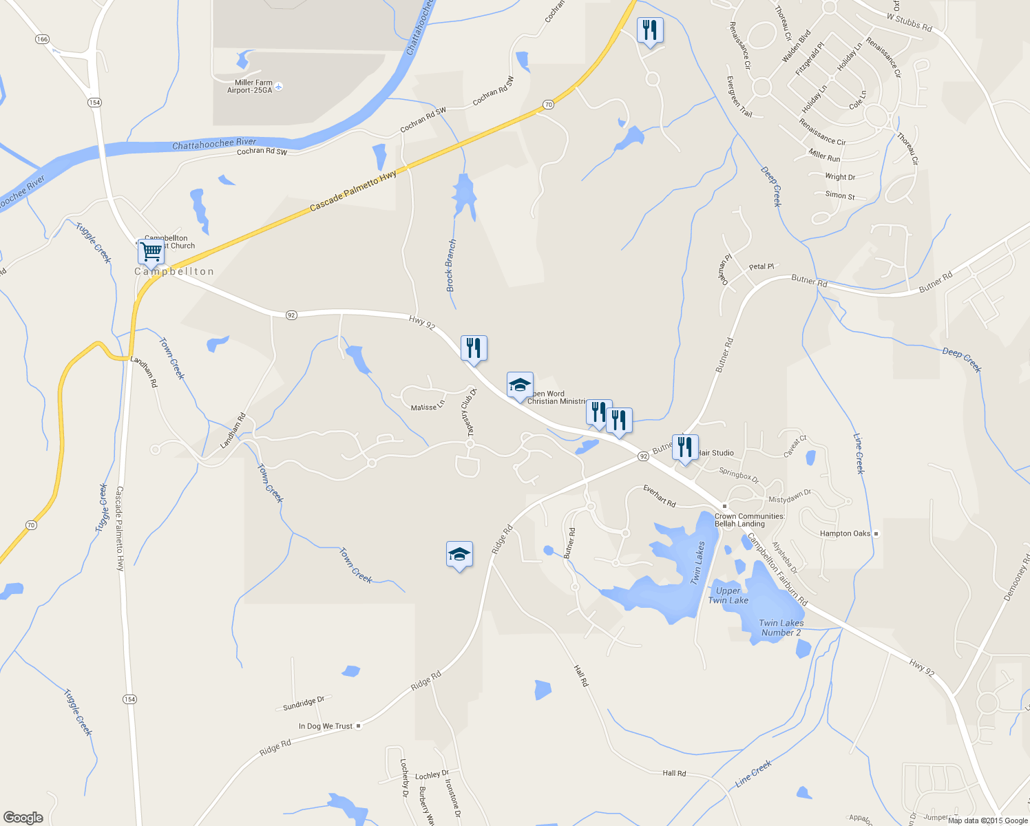map of restaurants, bars, coffee shops, grocery stores, and more near 7910 Campbellton Fairburn Rd in Fairburn