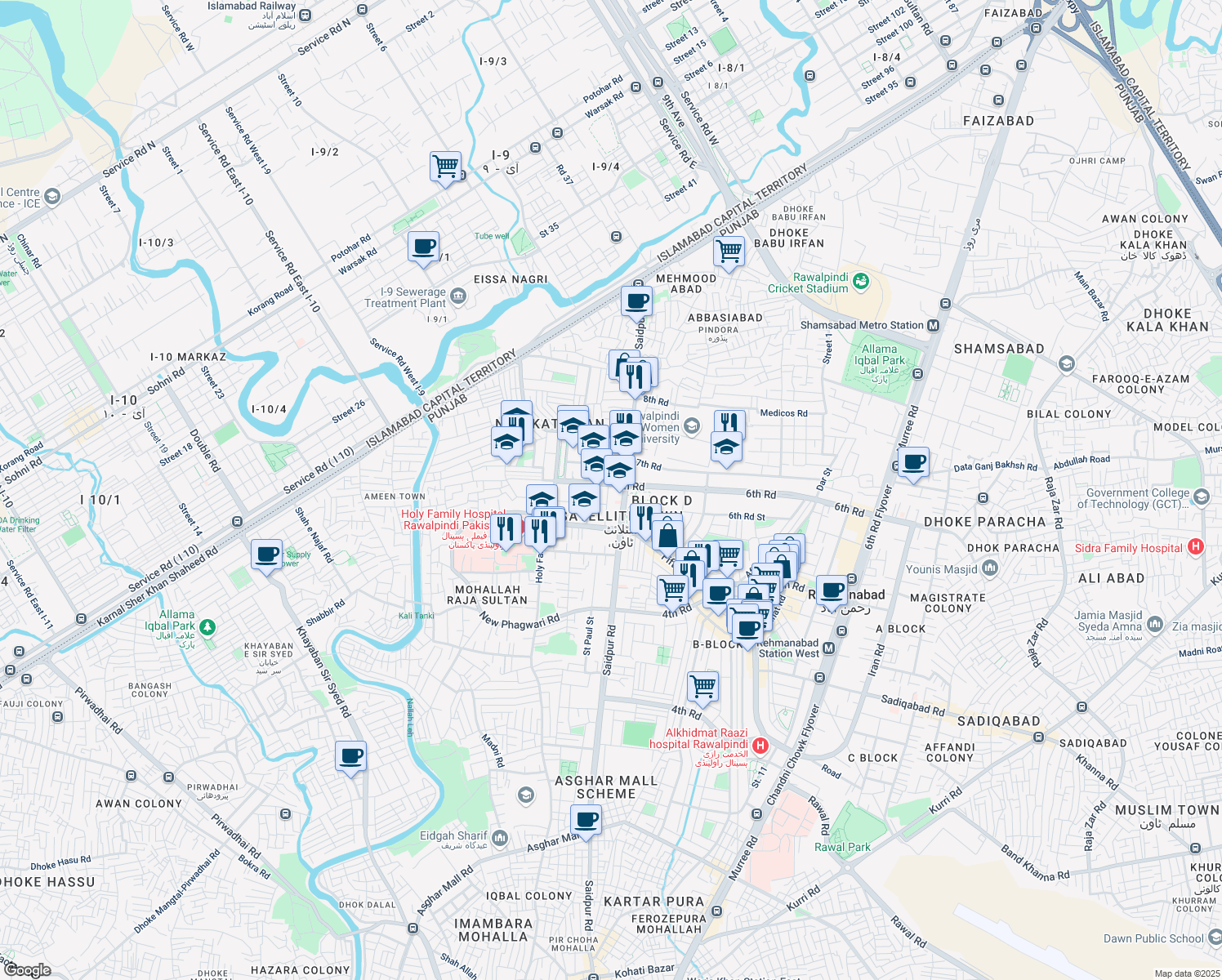 map of restaurants, bars, coffee shops, grocery stores, and more near Saidpur Road in Rawalpindi