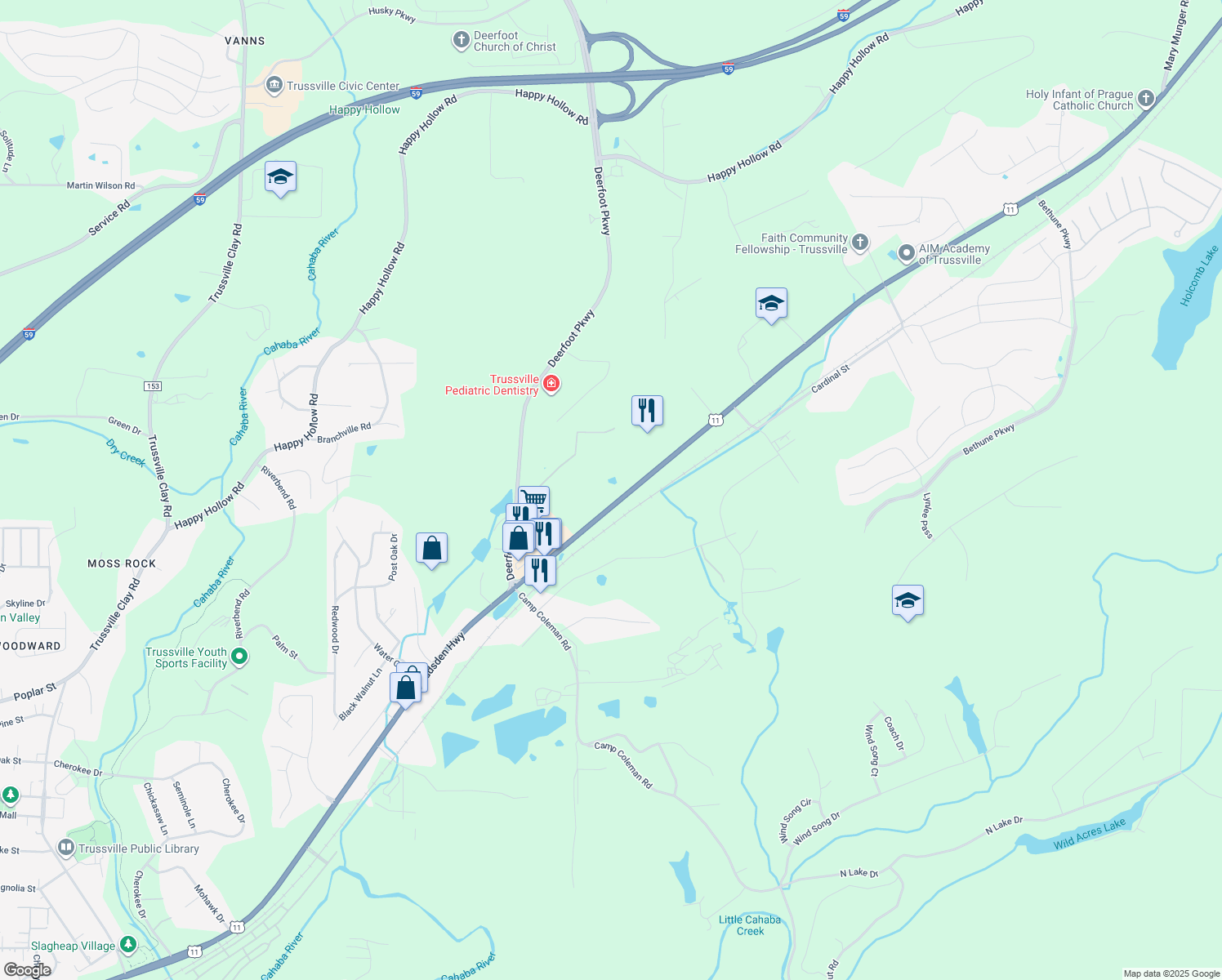 map of restaurants, bars, coffee shops, grocery stores, and more near 7316 Gadsden Hwy in Trussville