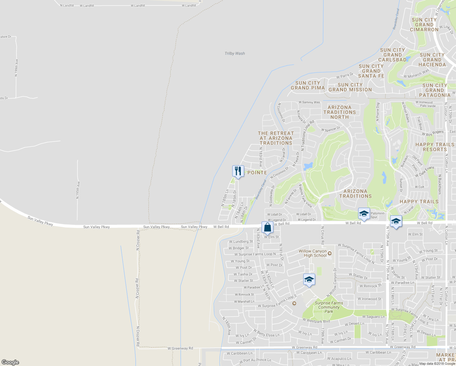 map of restaurants, bars, coffee shops, grocery stores, and more near 17496 North 185th Lane in Surprise