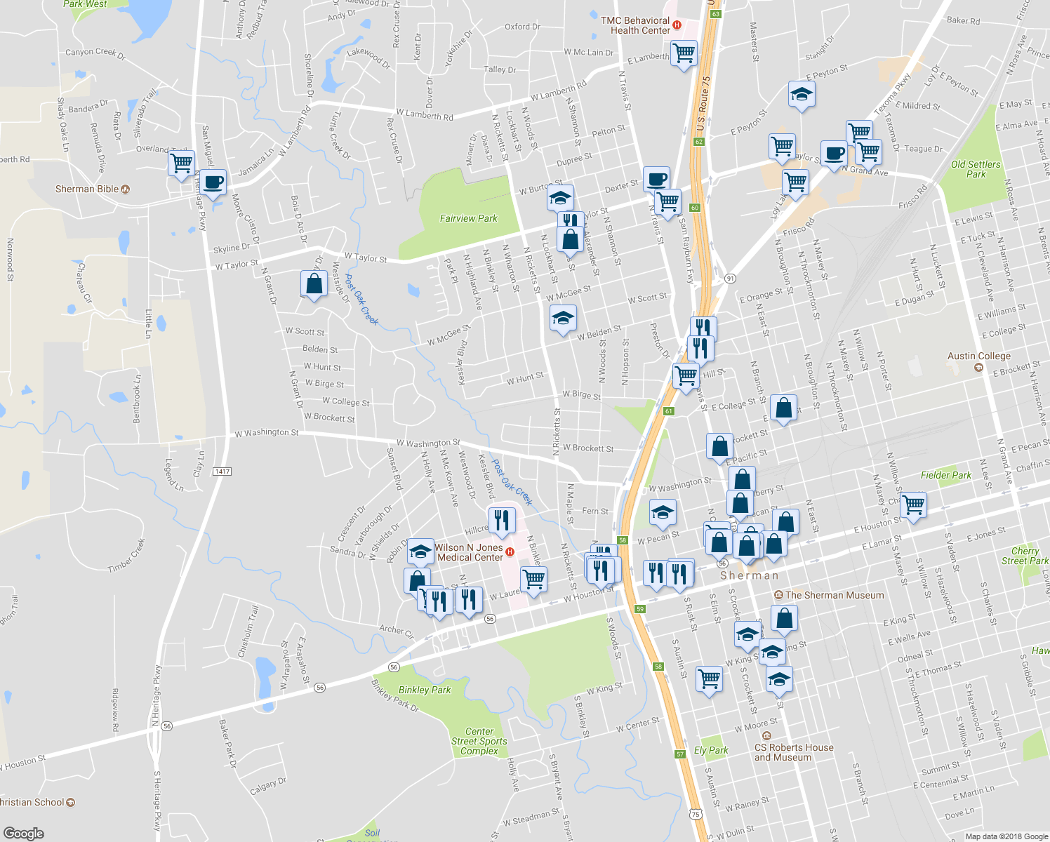 map of restaurants, bars, coffee shops, grocery stores, and more near 1103 West College Street in Sherman