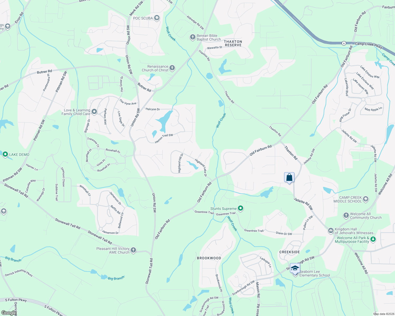 map of restaurants, bars, coffee shops, grocery stores, and more near 400 Highland Lake View in College Park
