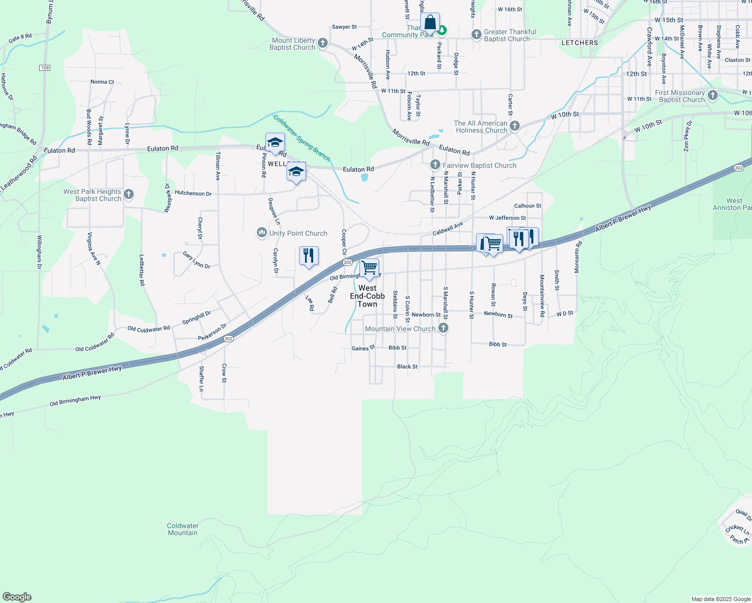 map of restaurants, bars, coffee shops, grocery stores, and more near 718 South Hollingsworth Drive in Anniston
