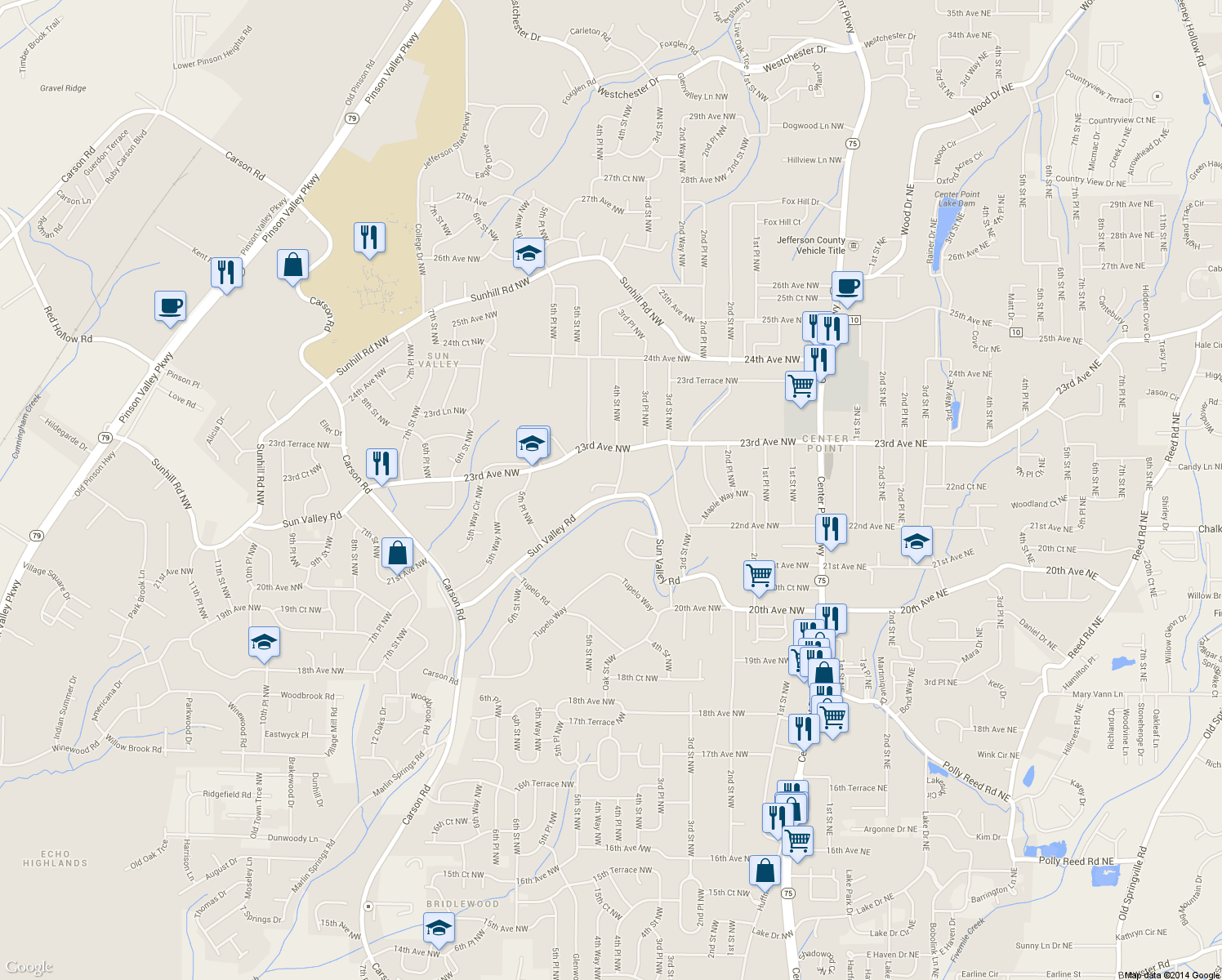 map of restaurants, bars, coffee shops, grocery stores, and more near 401 Sun Valley Court Northwest in Center Point