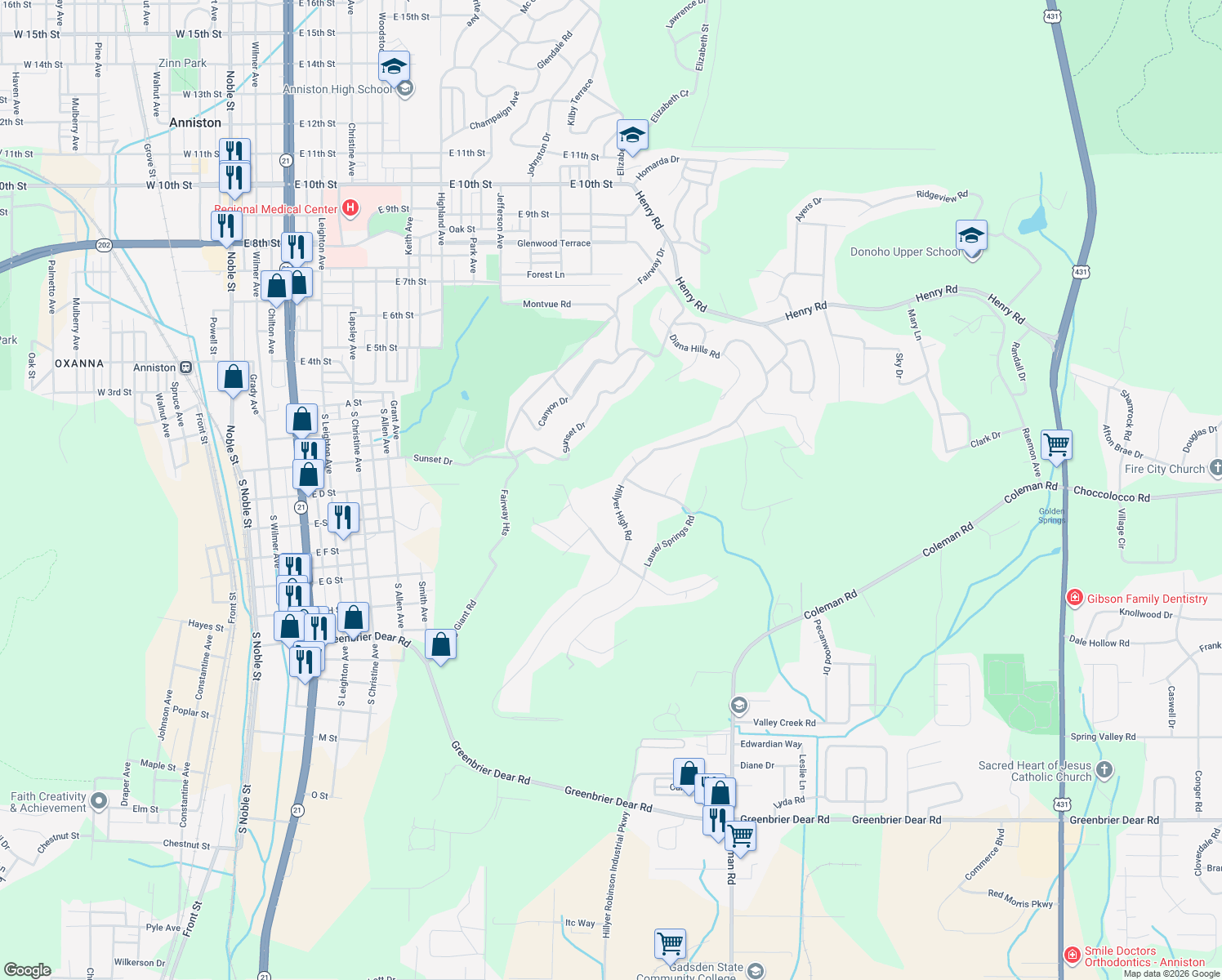 map of restaurants, bars, coffee shops, grocery stores, and more near 608 Hillyer High Road in Anniston