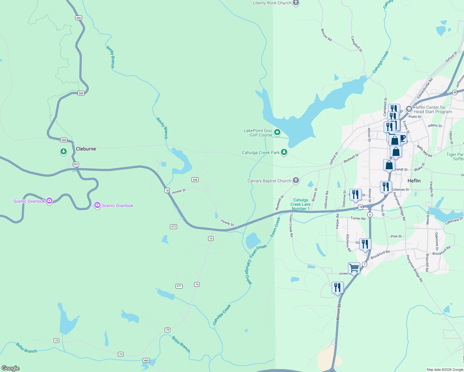 map of restaurants, bars, coffee shops, grocery stores, and more near 262 Howle Street in Heflin