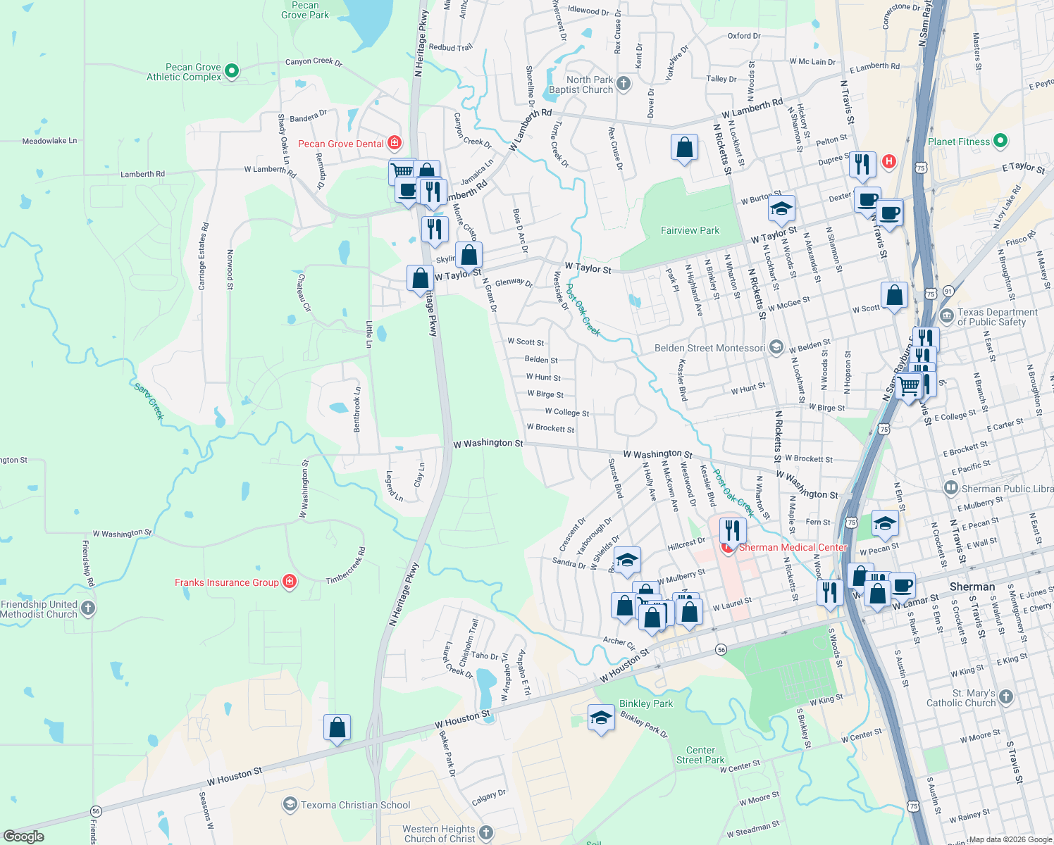 map of restaurants, bars, coffee shops, grocery stores, and more near 1815 W Brockett St in Sherman