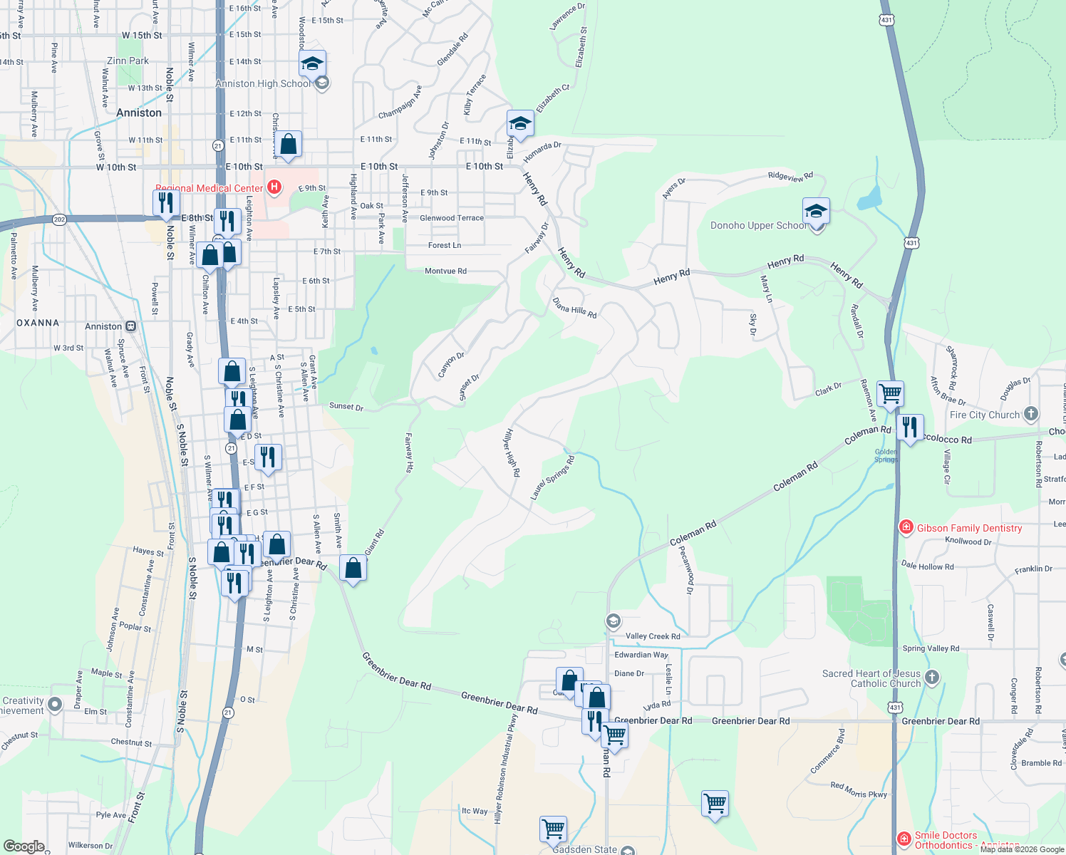 map of restaurants, bars, coffee shops, grocery stores, and more near 6 Laurel Springs Road in Anniston