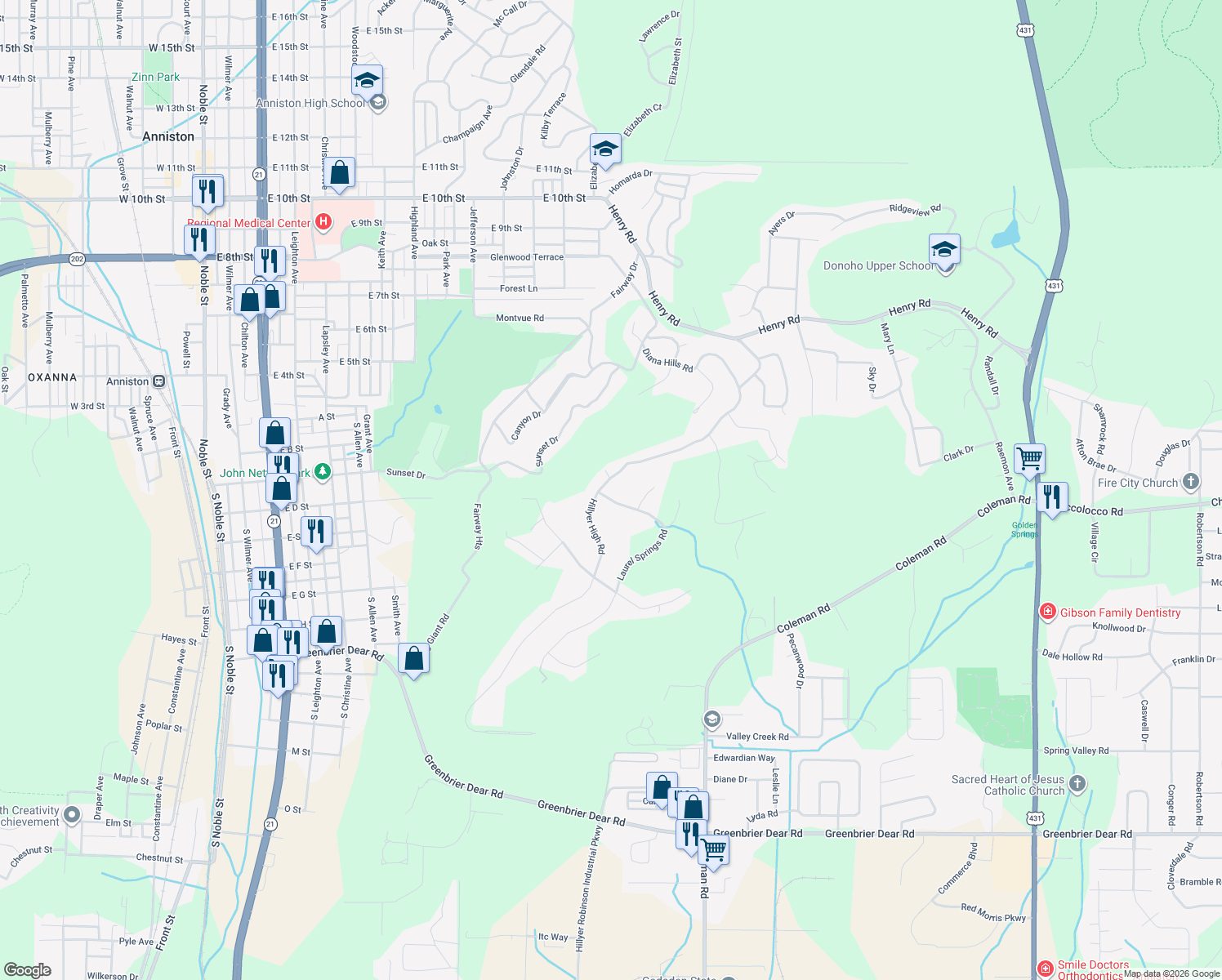 map of restaurants, bars, coffee shops, grocery stores, and more near 600 Hillyer High Road in Anniston