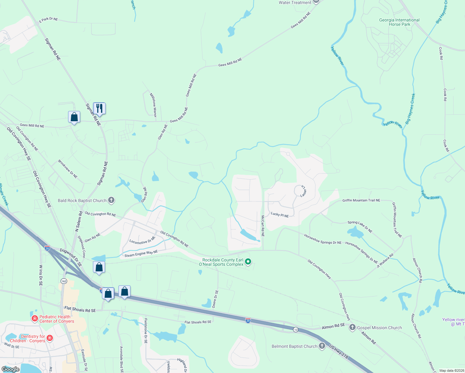 map of restaurants, bars, coffee shops, grocery stores, and more near 2620 Brynlyn Court Northeast in Conyers