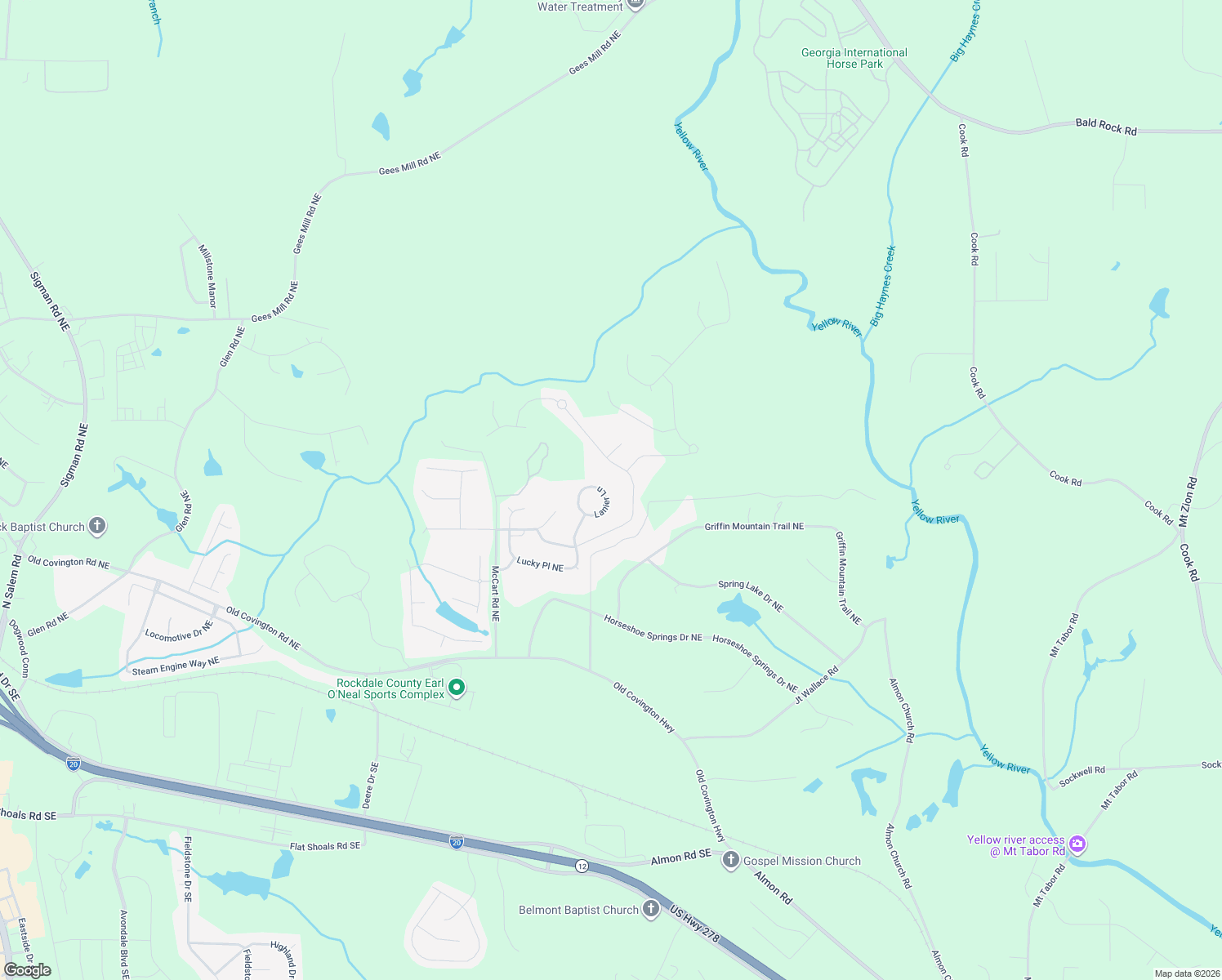 map of restaurants, bars, coffee shops, grocery stores, and more near 3410 Lanier Ln in Conyers