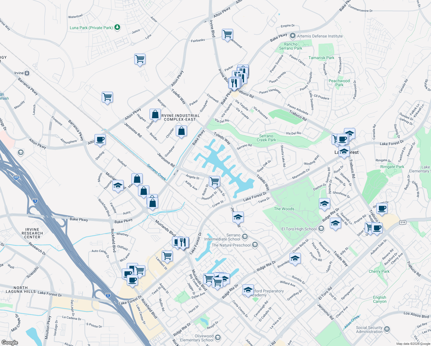 map of restaurants, bars, coffee shops, grocery stores, and more near 21923 Erie Lane in Lake Forest