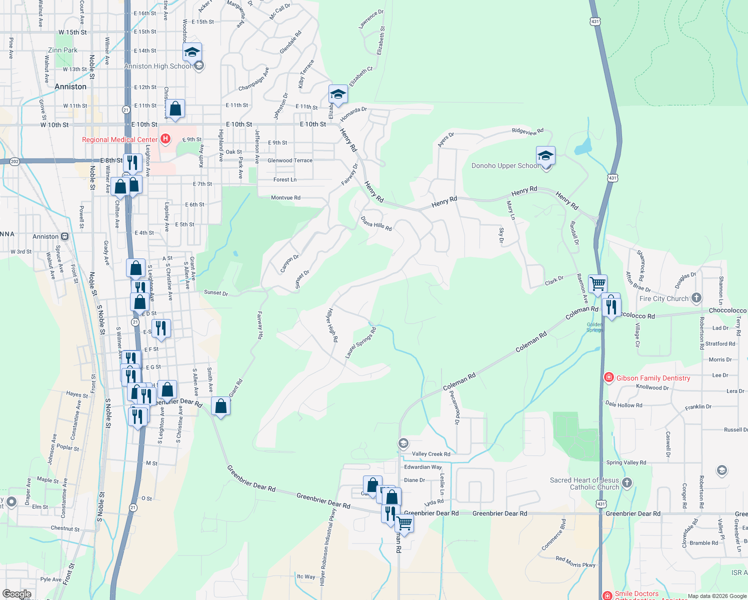map of restaurants, bars, coffee shops, grocery stores, and more near 530 Paige Hill Road in Anniston