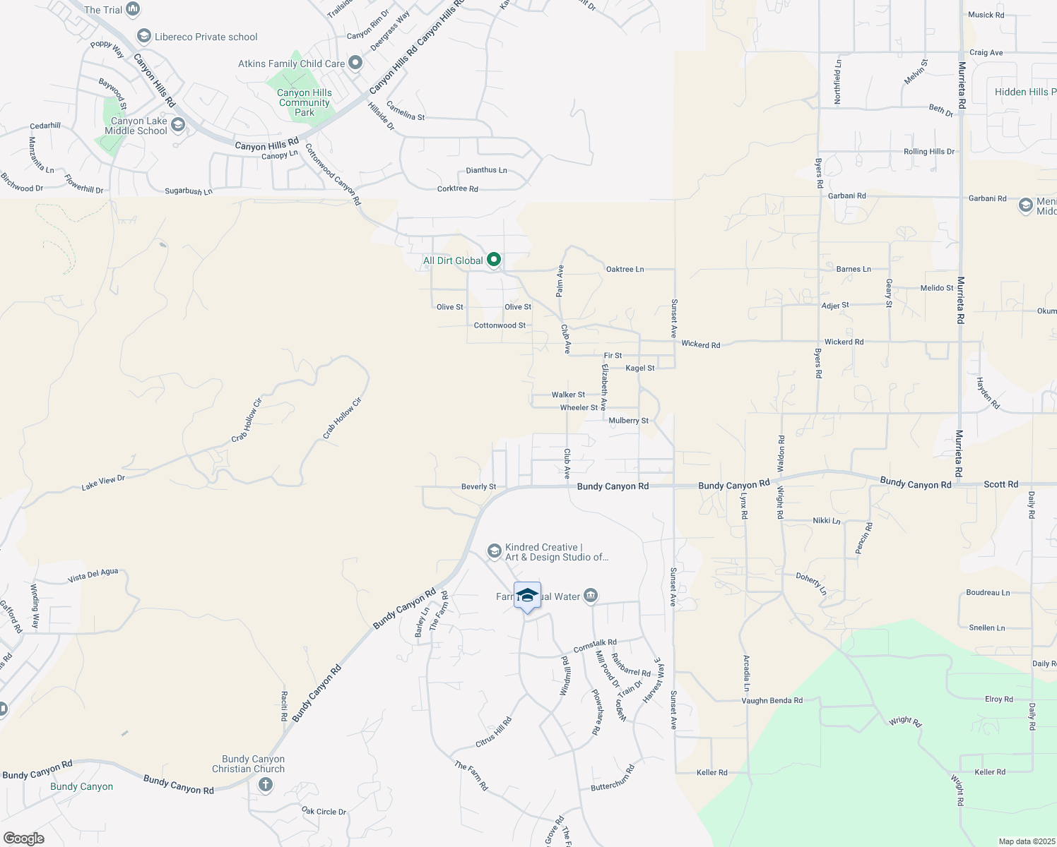 map of restaurants, bars, coffee shops, grocery stores, and more near Palm Avenue in Wildomar