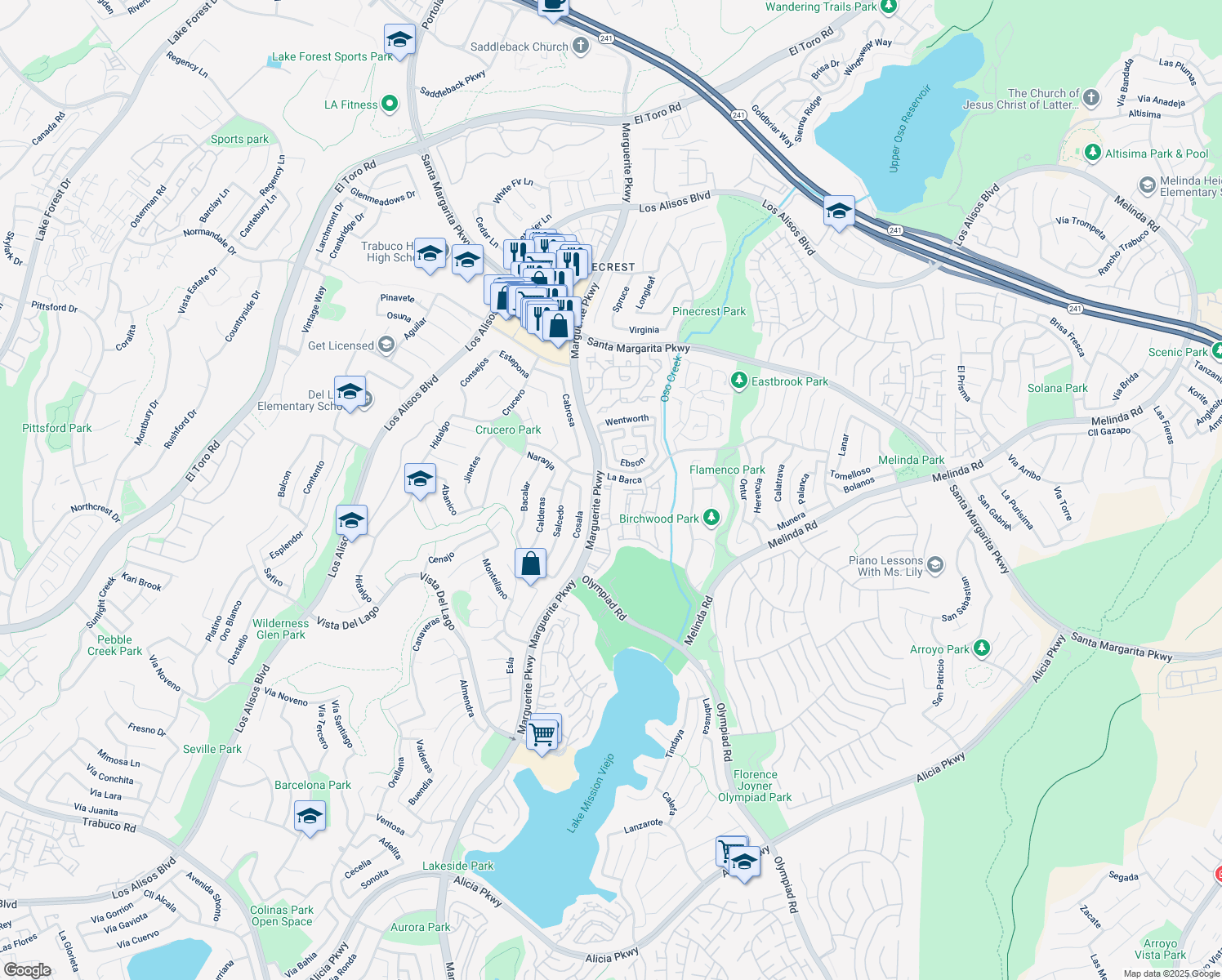 map of restaurants, bars, coffee shops, grocery stores, and more near La Barca in Mission Viejo