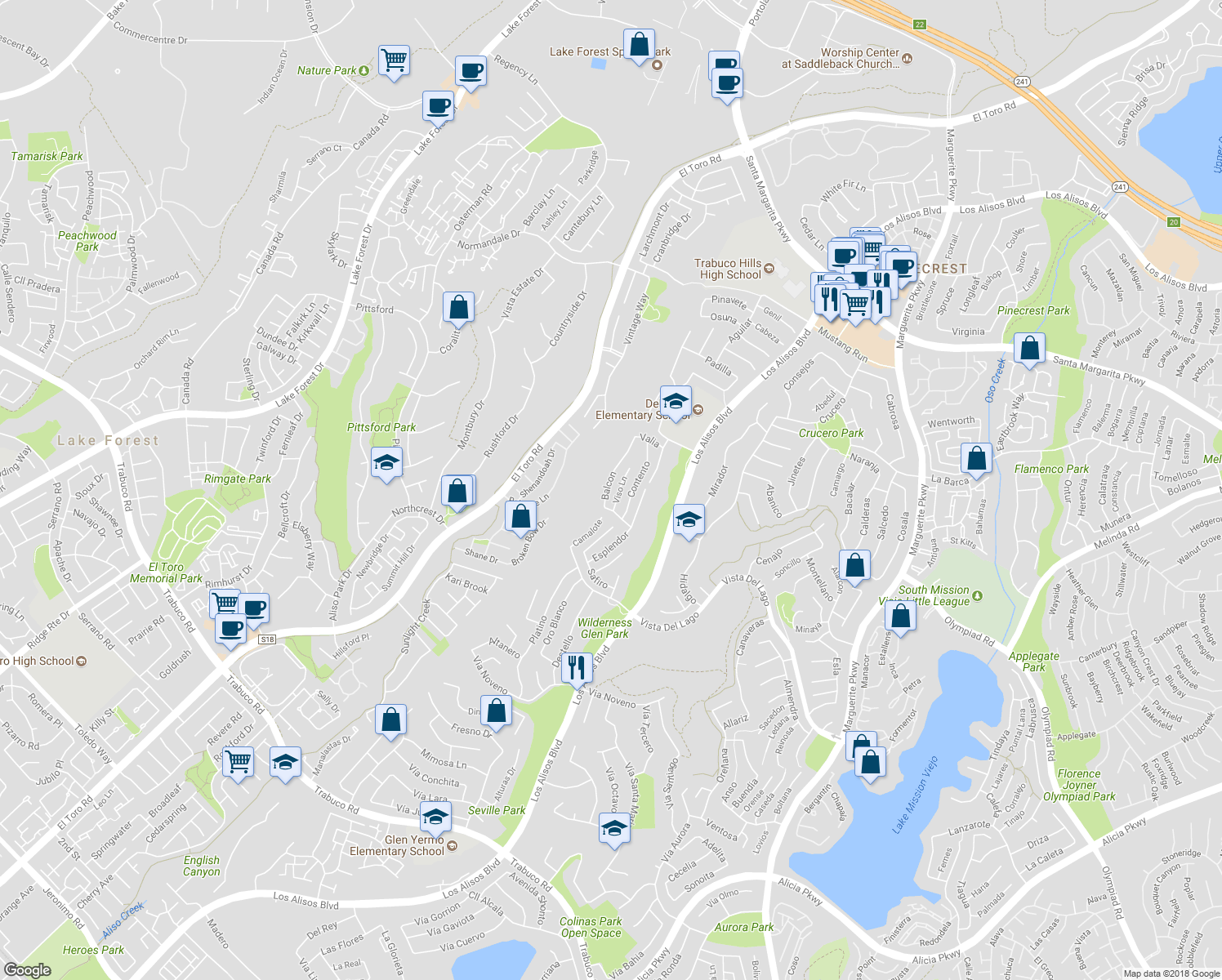 map of restaurants, bars, coffee shops, grocery stores, and more near 21892 Balcon in Mission Viejo