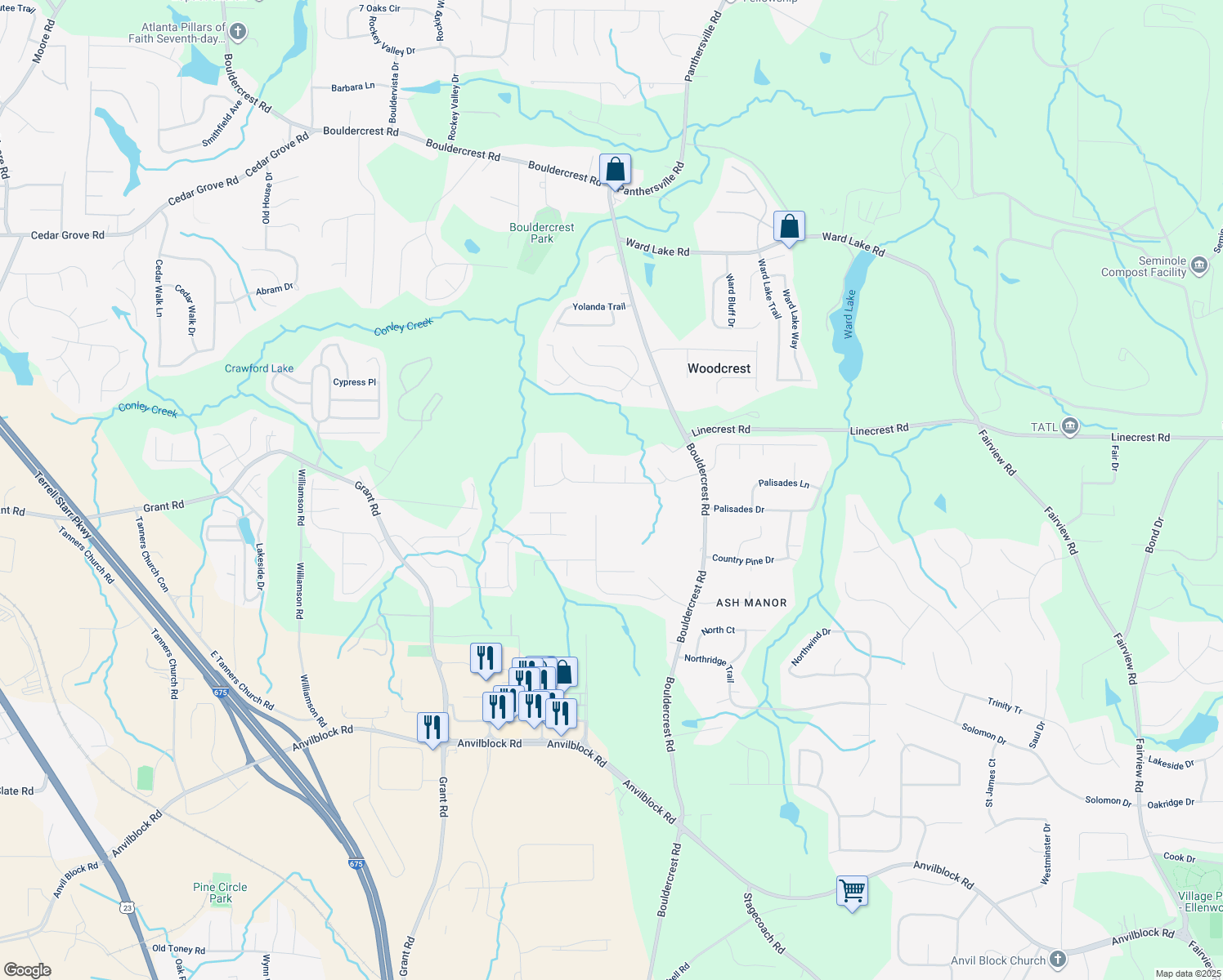 map of restaurants, bars, coffee shops, grocery stores, and more near 3157 Noah's Lane in Ellenwood