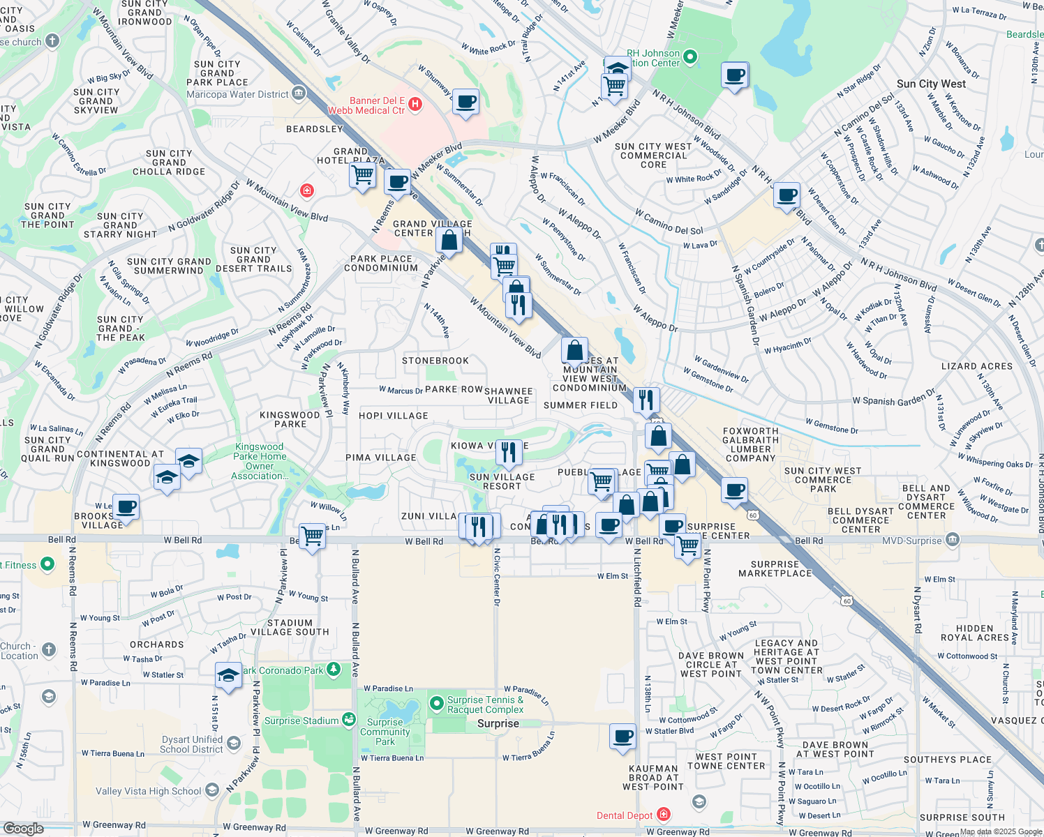 map of restaurants, bars, coffee shops, grocery stores, and more near 14235 West Shawnee Trail in Surprise