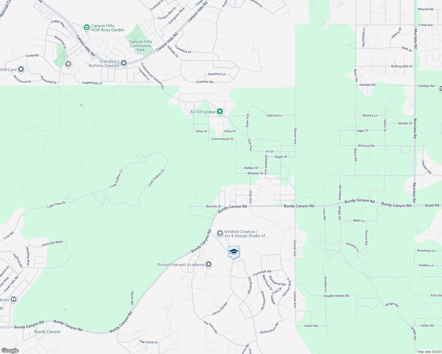 map of restaurants, bars, coffee shops, grocery stores, and more near Upton Drive in Wildomar