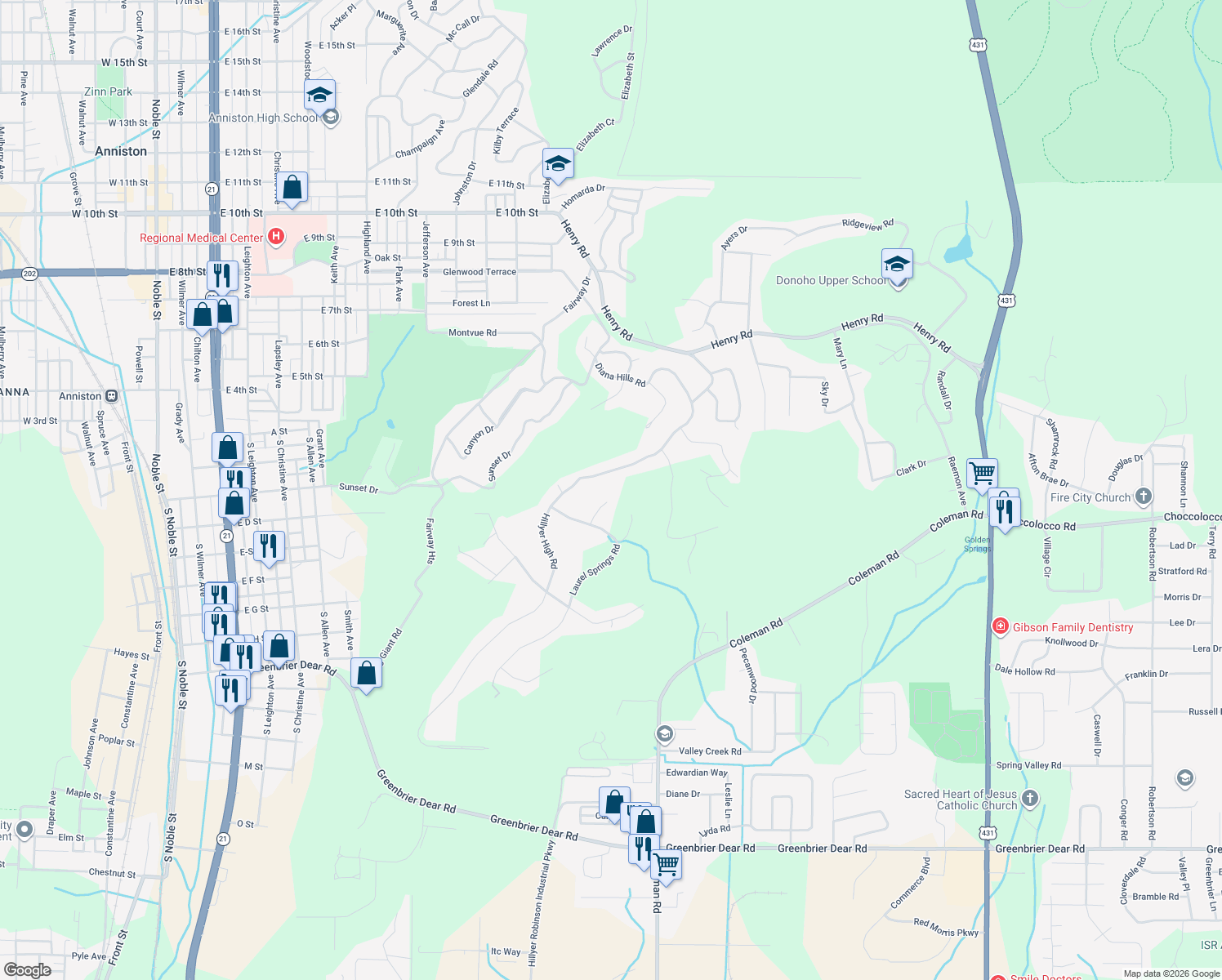 map of restaurants, bars, coffee shops, grocery stores, and more near 530 Paige Hill Road in Anniston