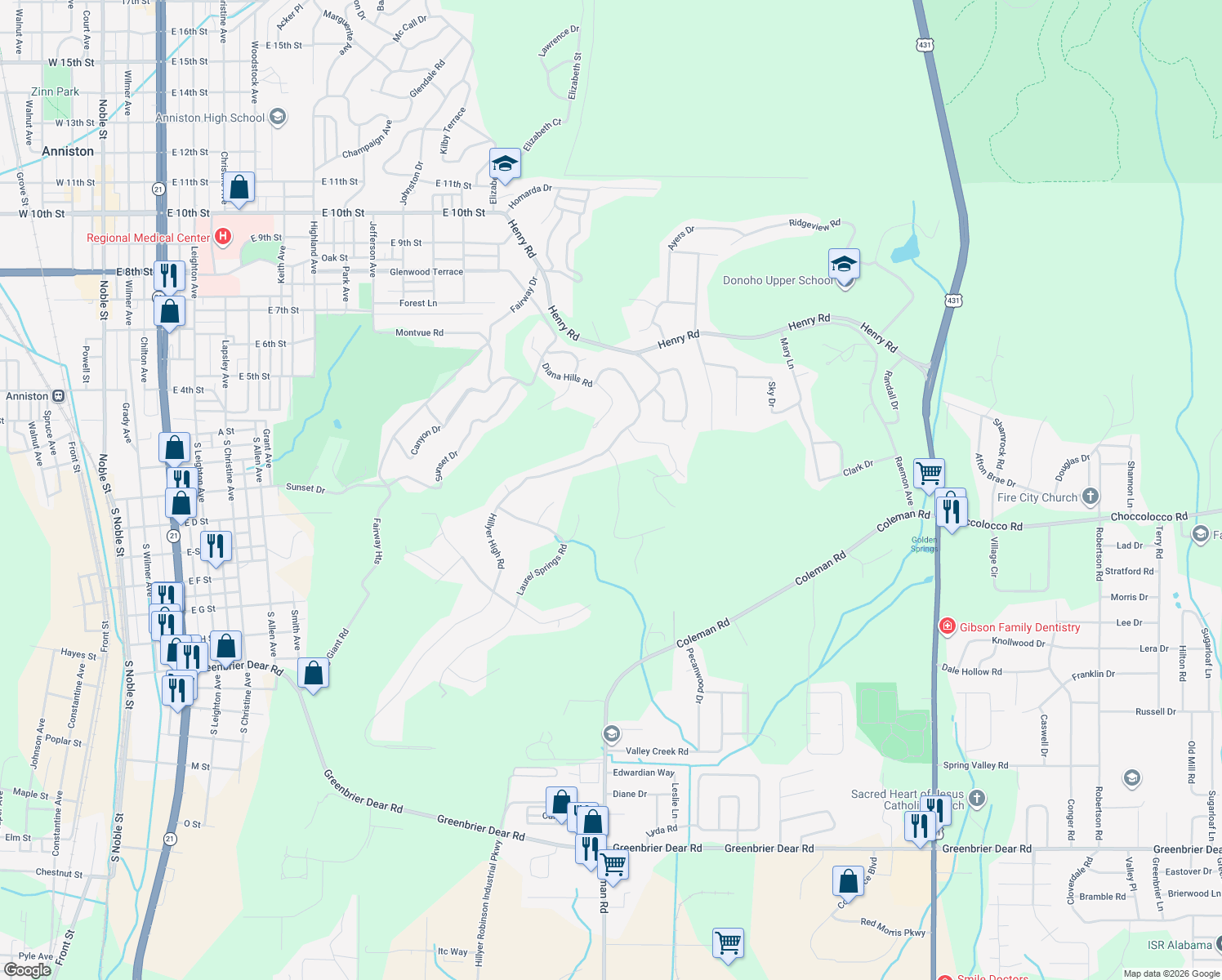 map of restaurants, bars, coffee shops, grocery stores, and more near 8 Ruby Ridge Road in Anniston