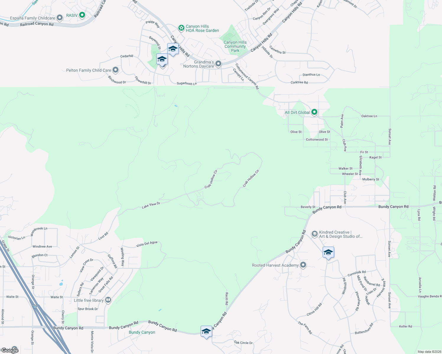 map of restaurants, bars, coffee shops, grocery stores, and more near Crab Hollow Circle in Wildomar