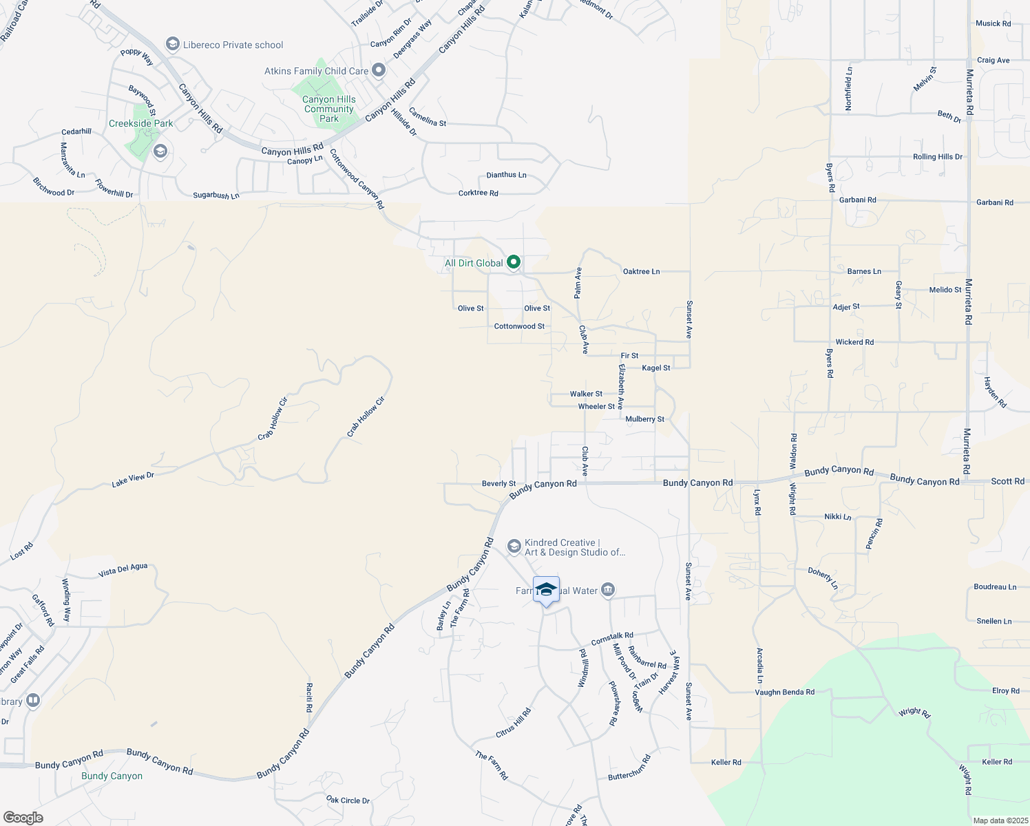 map of restaurants, bars, coffee shops, grocery stores, and more near Upton Drive in Wildomar