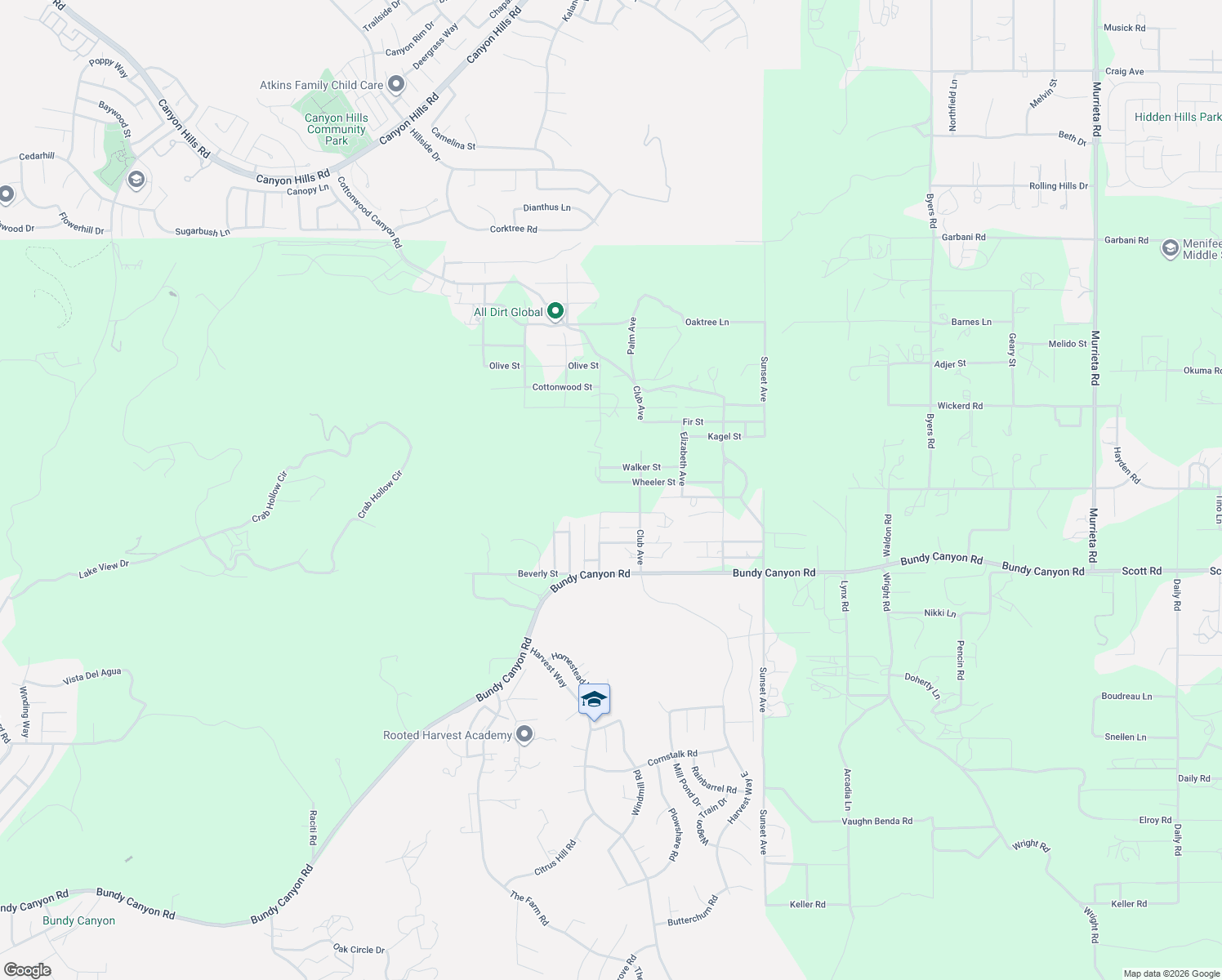 map of restaurants, bars, coffee shops, grocery stores, and more near 24525 Wheeler Street in Menifee
