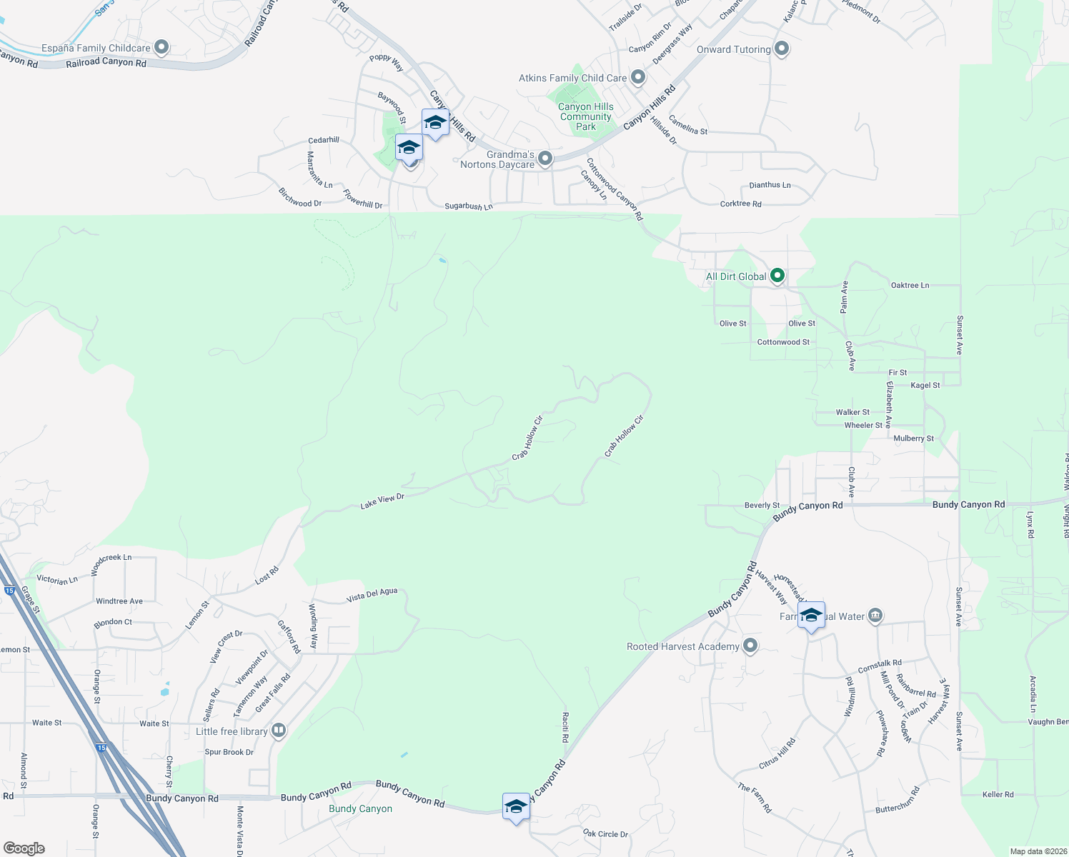 map of restaurants, bars, coffee shops, grocery stores, and more near Crab Hollow Circle in Wildomar