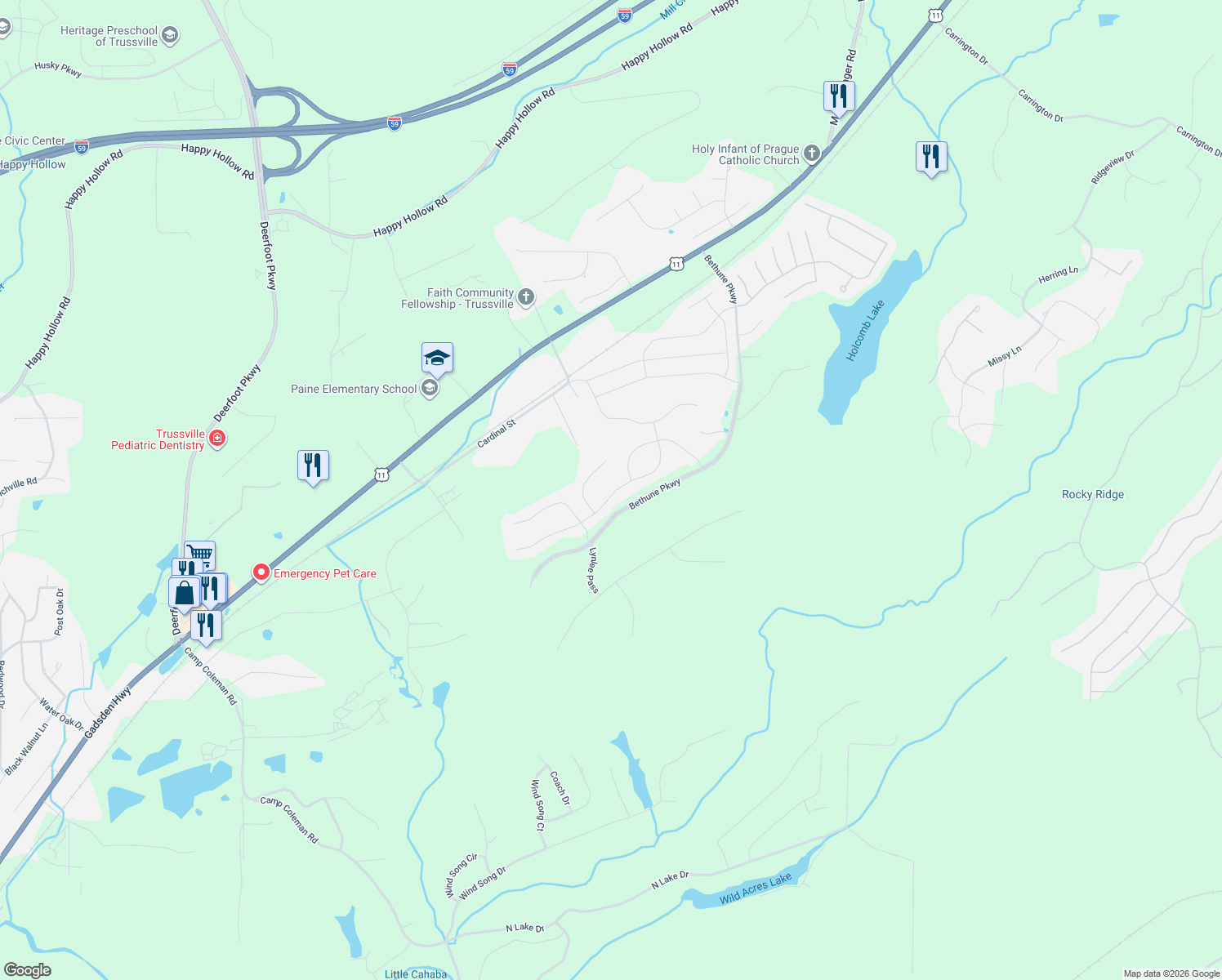 map of restaurants, bars, coffee shops, grocery stores, and more near 7832 Raleigh Drive in Trussville
