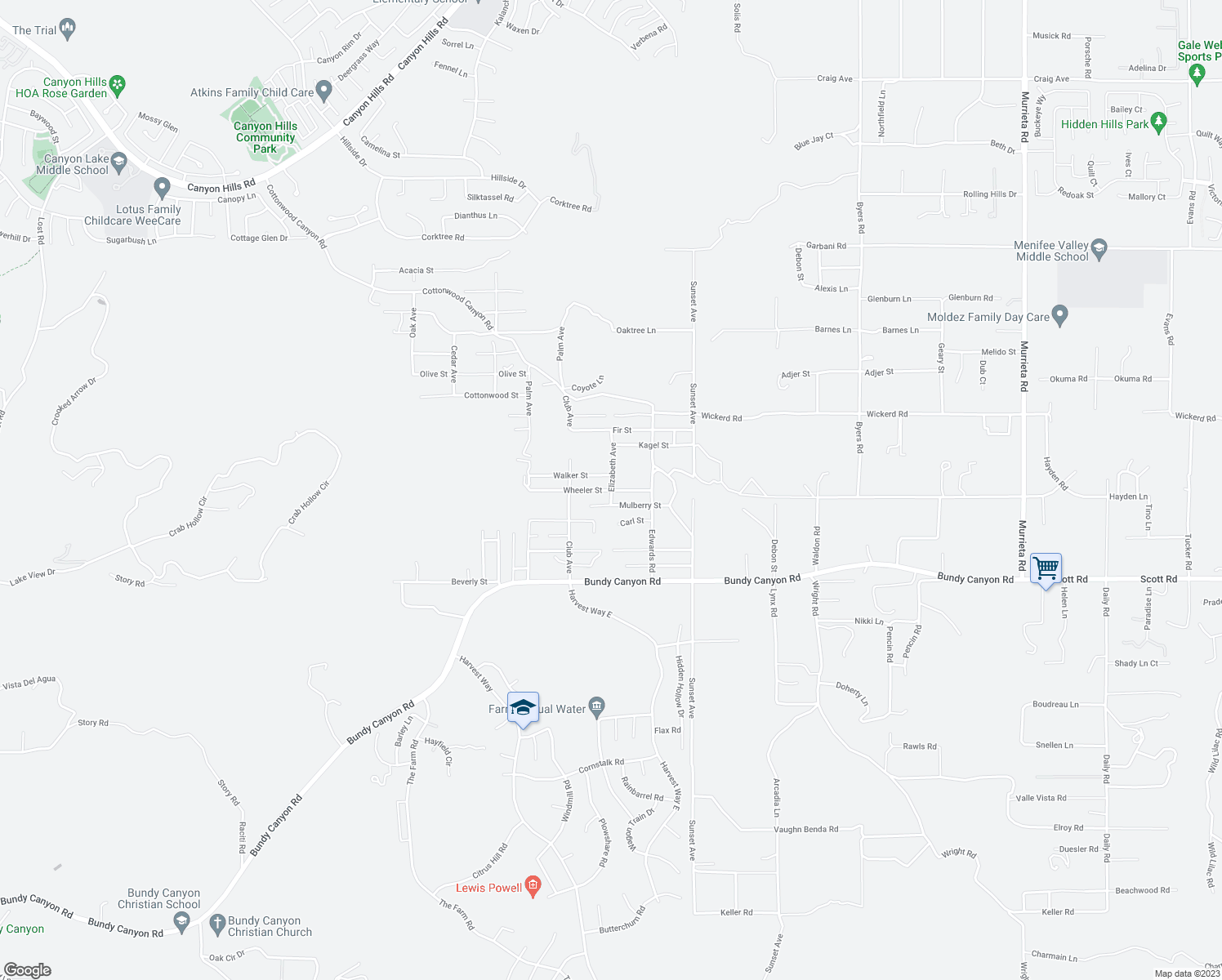 map of restaurants, bars, coffee shops, grocery stores, and more near Wheeler Street in Menifee
