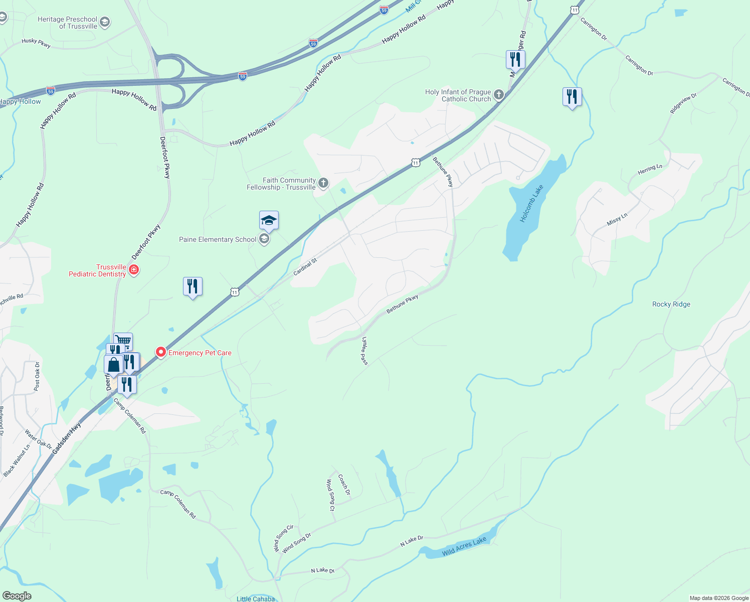 map of restaurants, bars, coffee shops, grocery stores, and more near Peggy Lane in Trussville