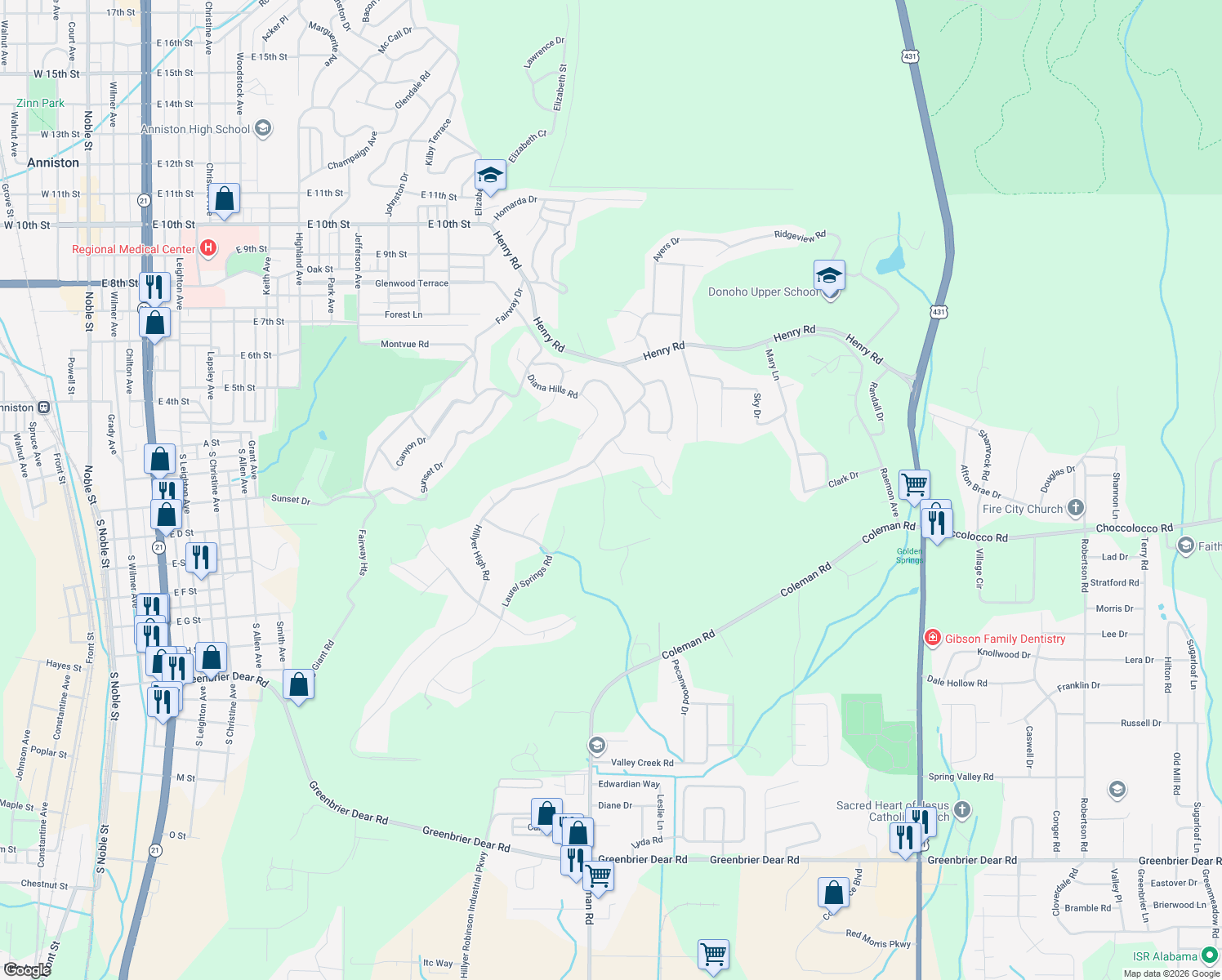 map of restaurants, bars, coffee shops, grocery stores, and more near 8 Ruby Ridge Road in Anniston