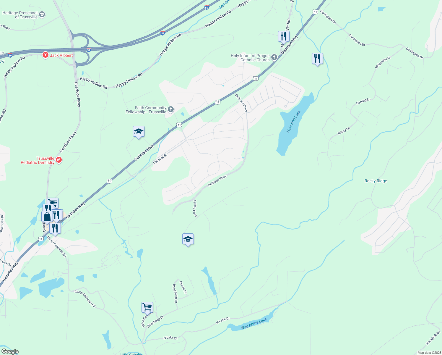 map of restaurants, bars, coffee shops, grocery stores, and more near Peggy Lane in Trussville