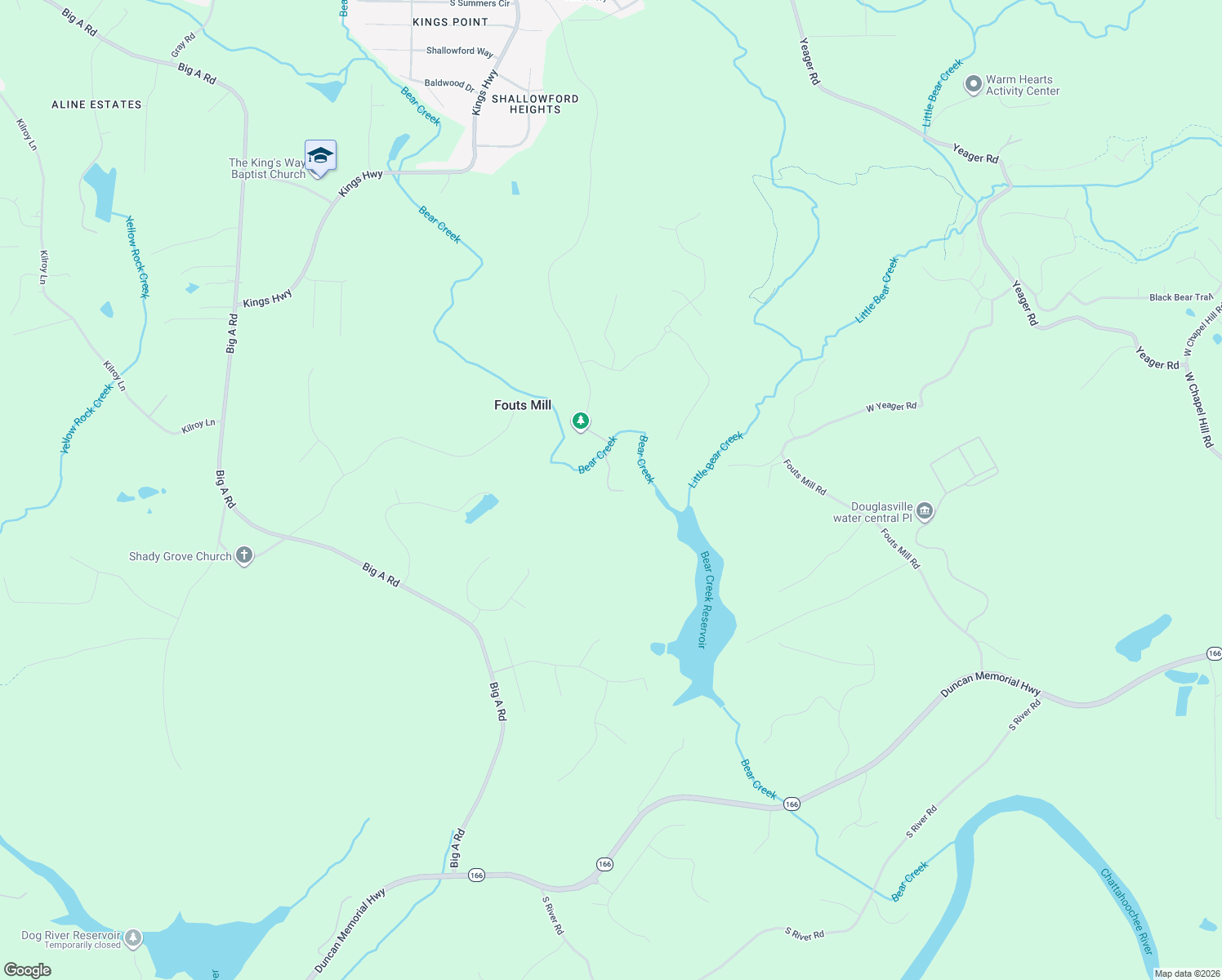 map of restaurants, bars, coffee shops, grocery stores, and more near Fouts Mill Road in Douglas County