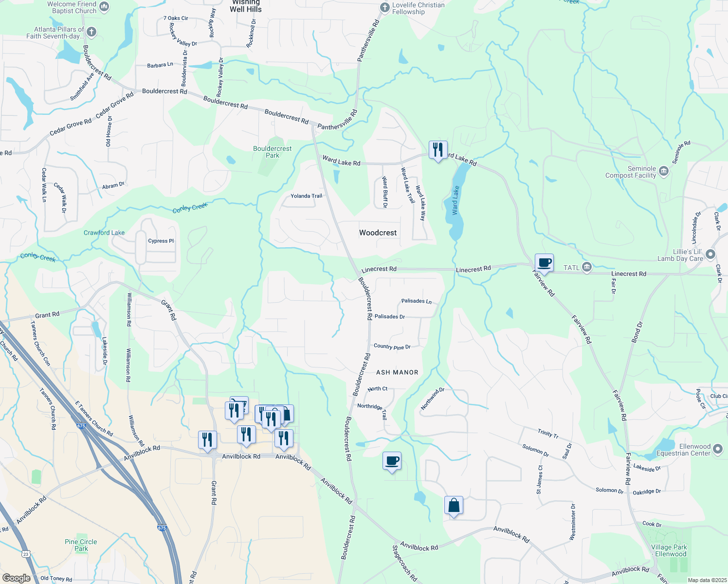 map of restaurants, bars, coffee shops, grocery stores, and more near 4014 Ivy Trace Lane in Ellenwood