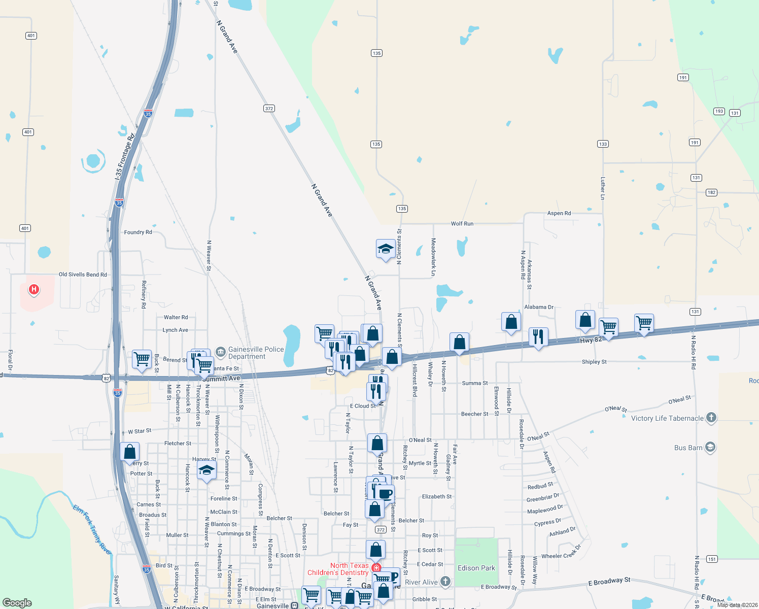 map of restaurants, bars, coffee shops, grocery stores, and more near 1852 S Farm to Market 372 in Gainesville