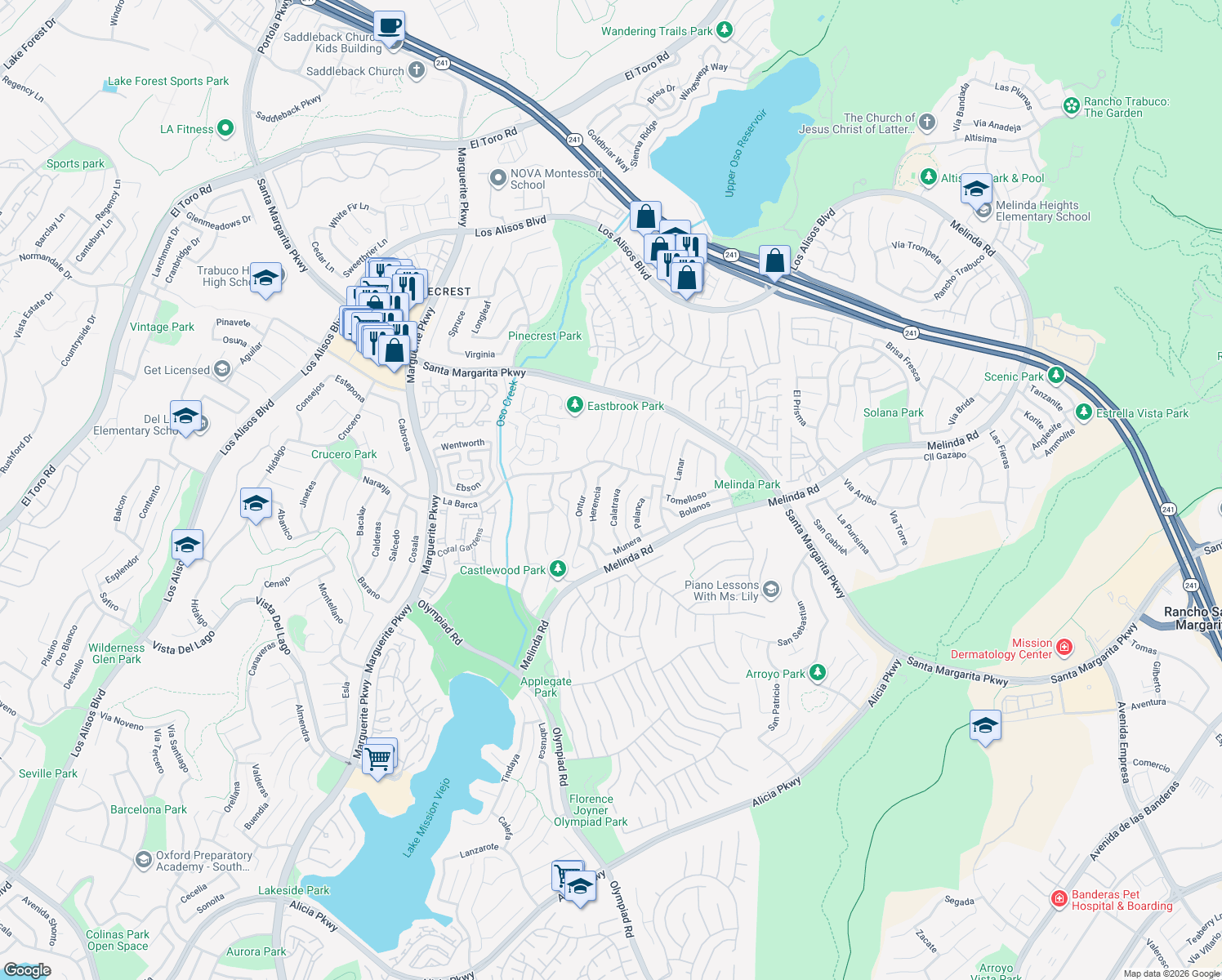 map of restaurants, bars, coffee shops, grocery stores, and more near 21811 Calatrava in Mission Viejo